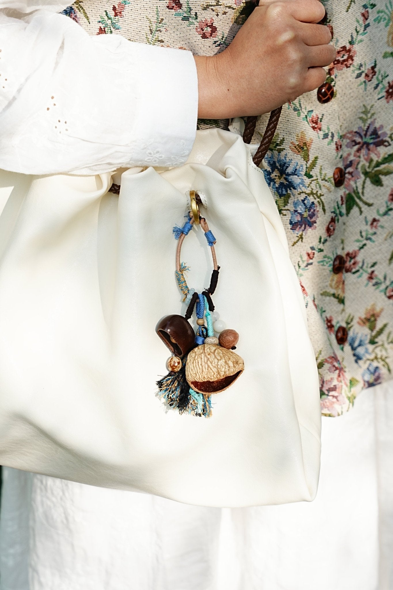 "The Azure Spirit" - Natural Nut Bag Charm with Boho Blue Tassel & Wrapped Loop - Yunicrafts