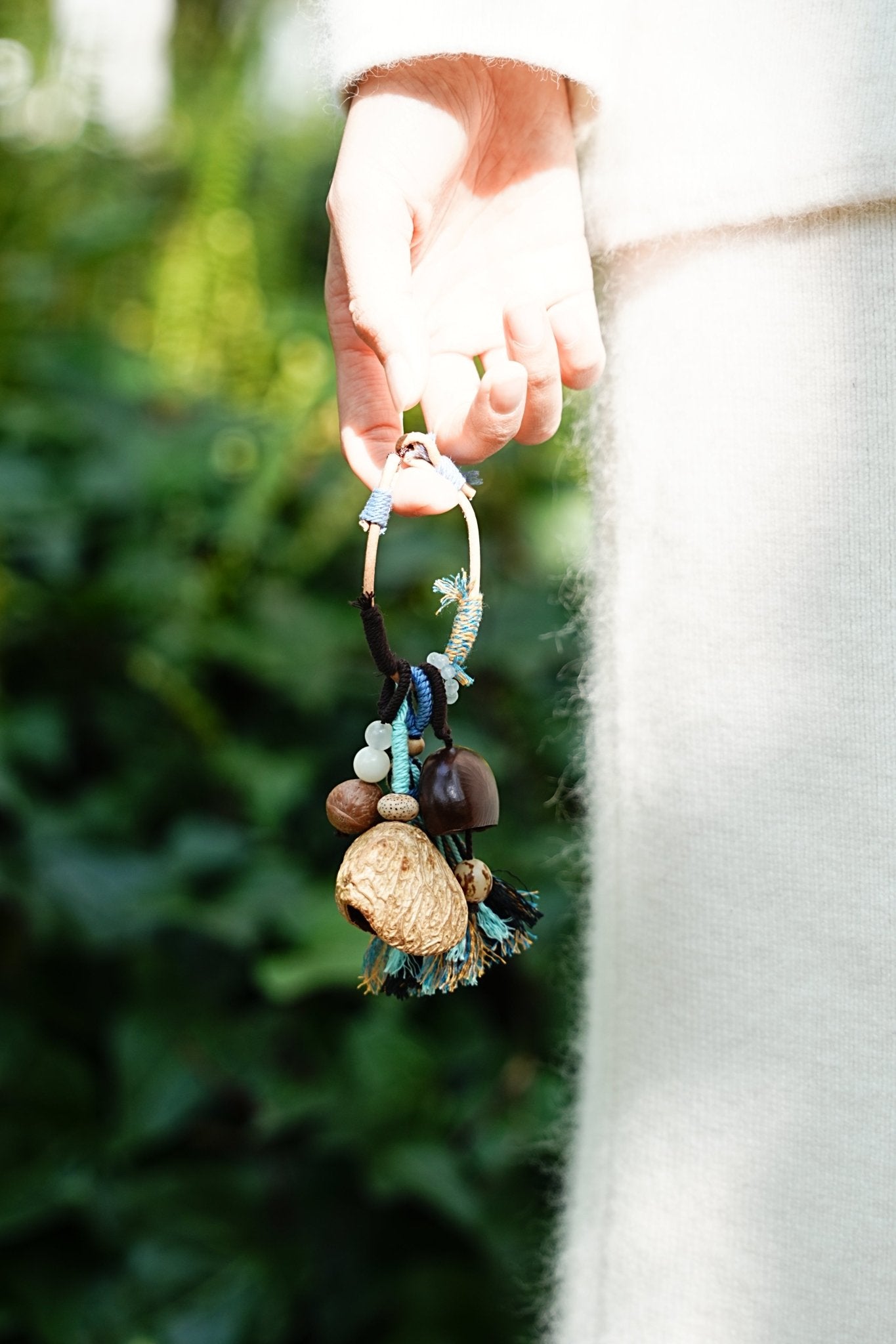 "The Azure Spirit" - Natural Nut Bag Charm with Boho Blue Tassel & Wrapped Loop - Yunicrafts