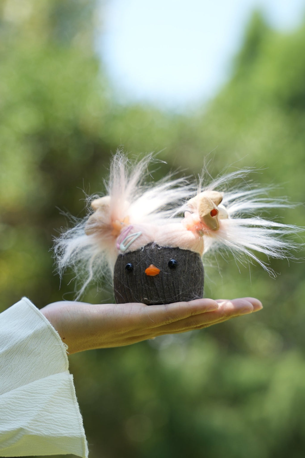 "The Bad Hair Day Monster" - Fuzzy Pink Nut Shell Doll with Pistachio Clips - Yunicrafts