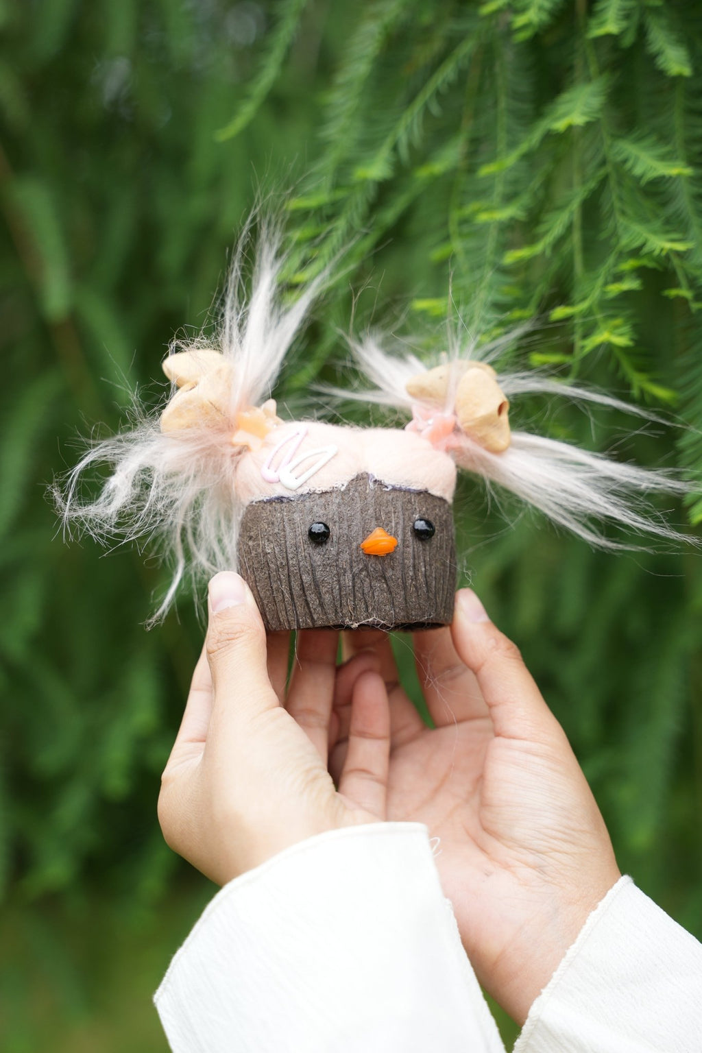 "The Bad Hair Day Monster" - Fuzzy Pink Nut Shell Doll with Pistachio Clips - Yunicrafts