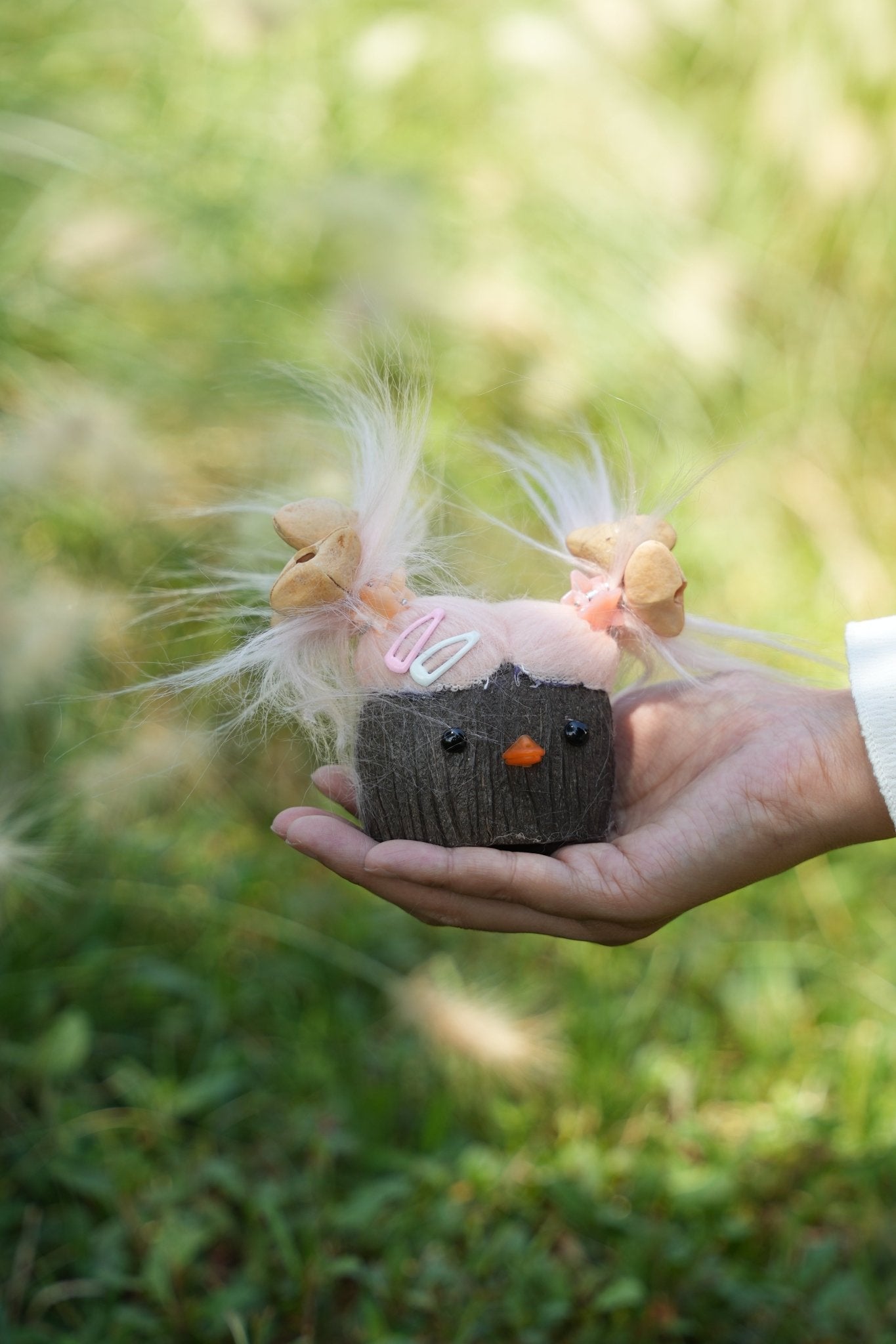 "The Bad Hair Day Monster" - Fuzzy Pink Nut Shell Doll with Pistachio Clips - Yunicrafts