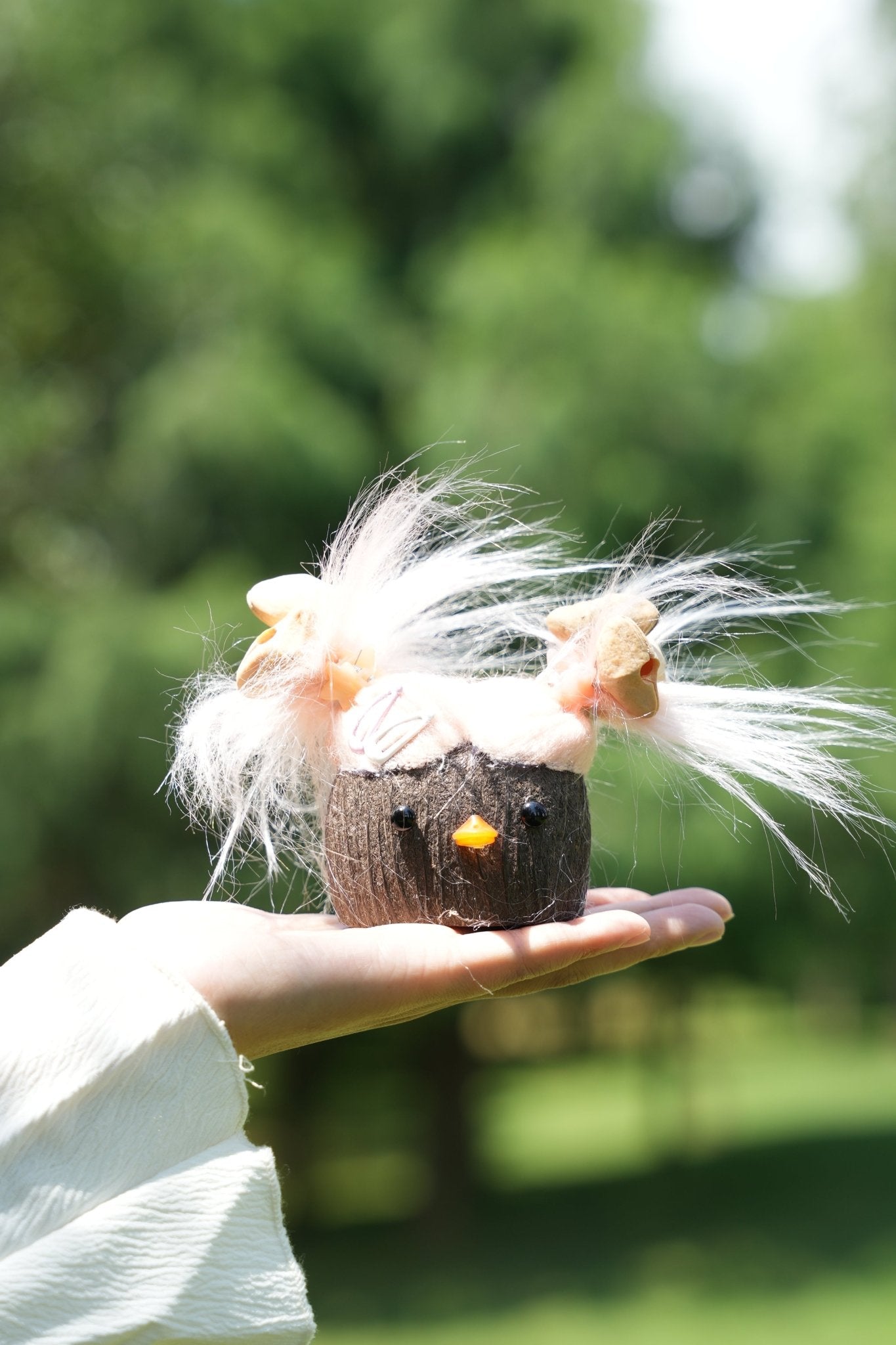 "The Bad Hair Day Monster" - Fuzzy Pink Nut Shell Doll with Pistachio Clips - Yunicrafts