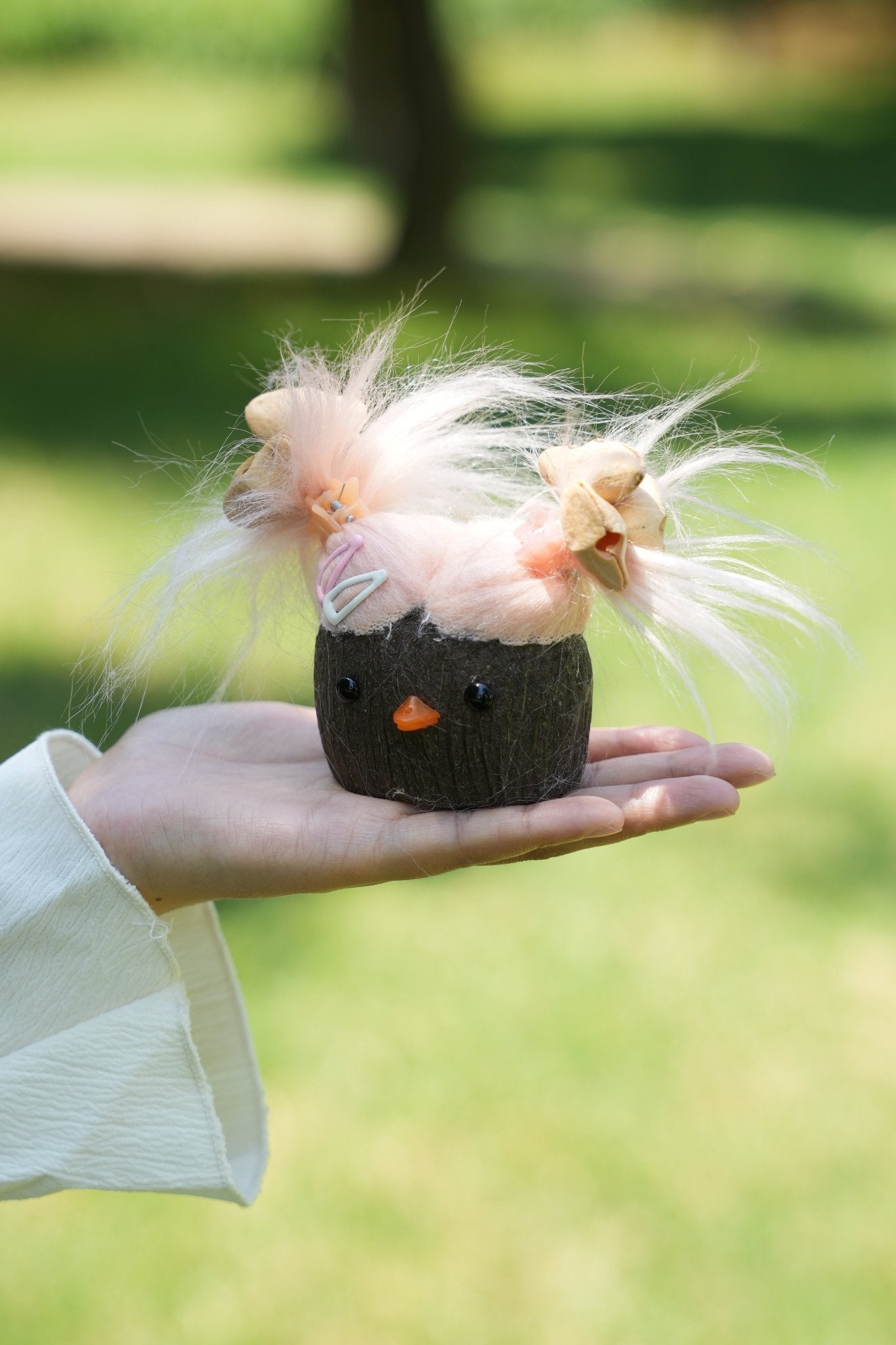 "The Bad Hair Day Monster" - Fuzzy Pink Nut Shell Doll with Pistachio Clips - Yunicrafts