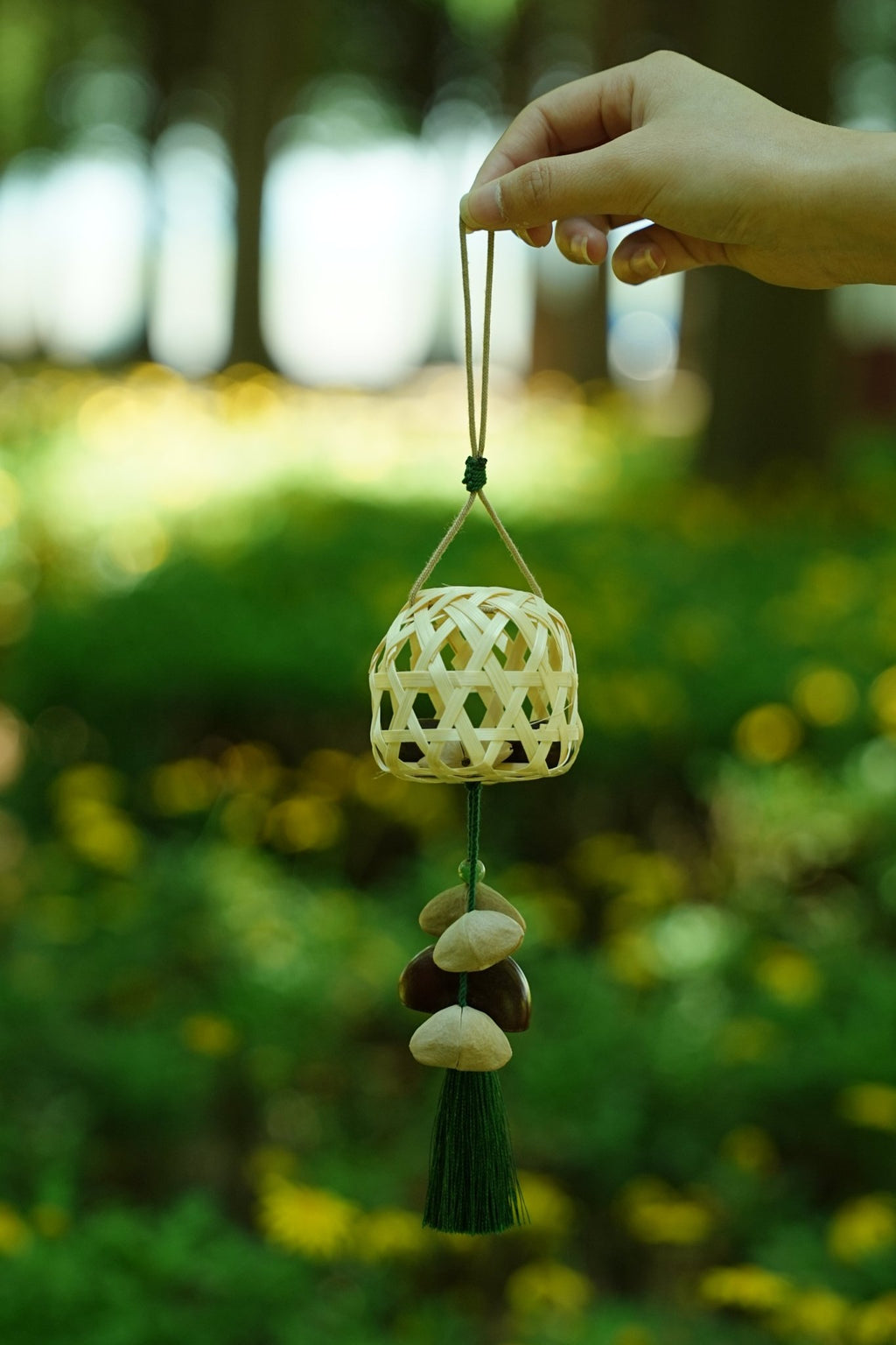 "The Bamboo Lantern" - Hand - Woven Cage Charm with Seed Bells & Emerald Tassel - Yunicrafts