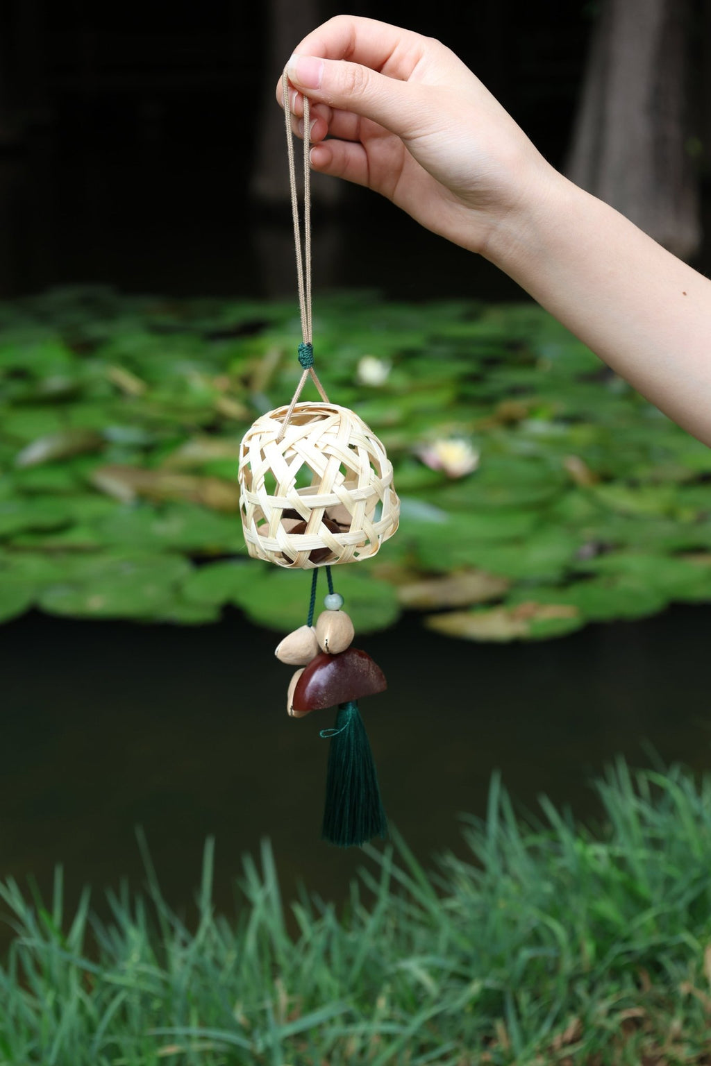 "The Bamboo Lantern" - Hand - Woven Cage Charm with Seed Bells & Emerald Tassel - Yunicrafts