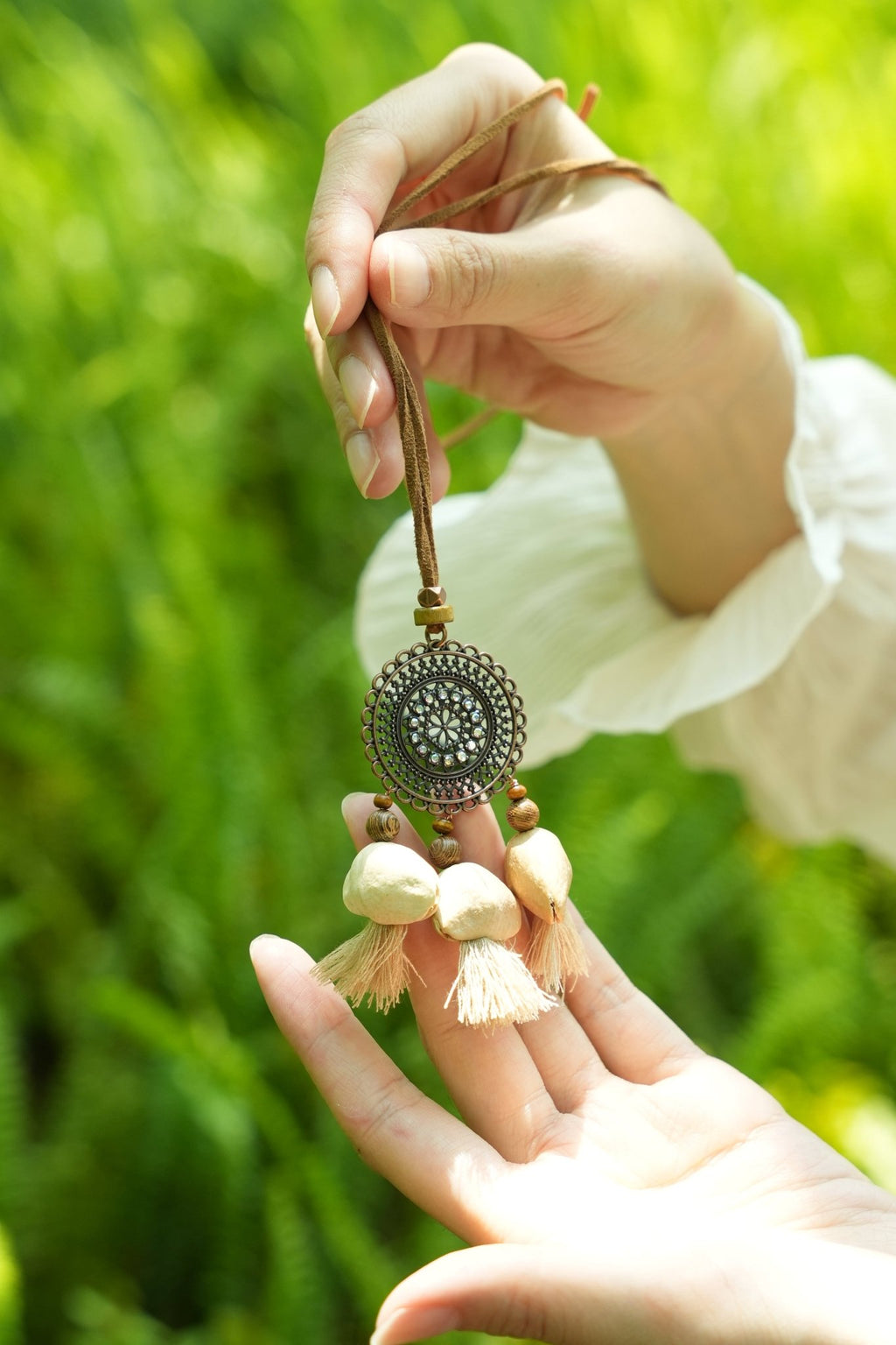 "The Bohemian Mandala" - Bronze Filigree Medallion Necklace with Nut Shell Tassels - Yunicrafts