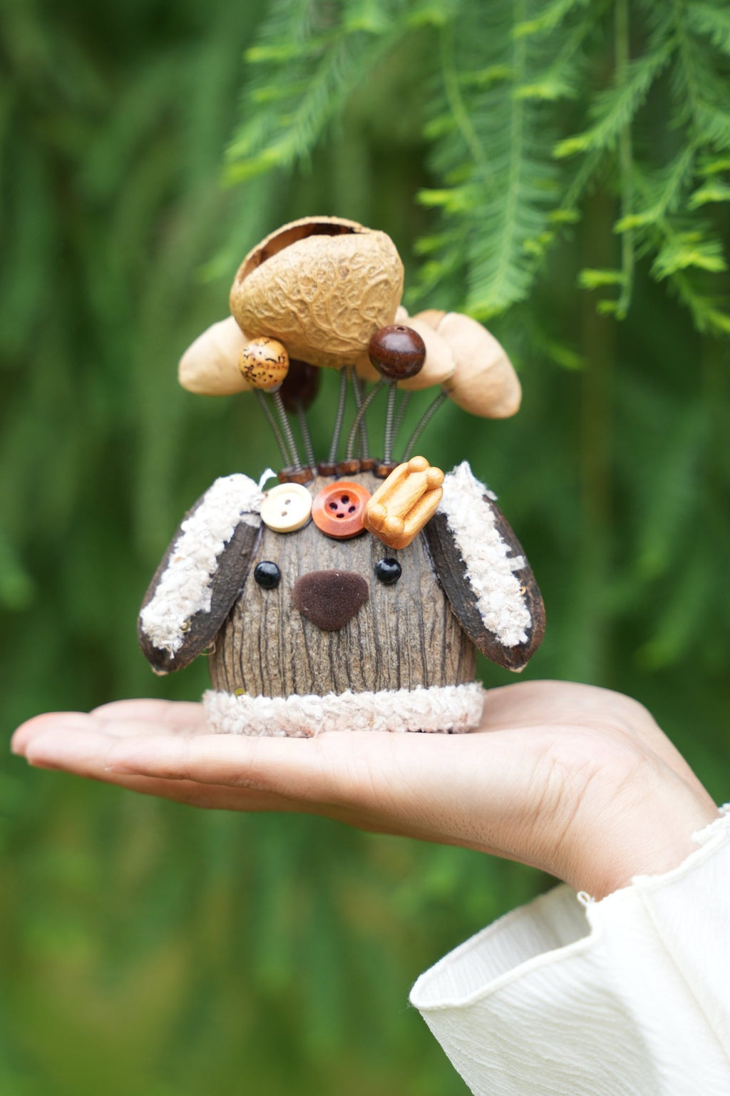 "The Cozy Puppy Guardian" - Nut Shell Dog Doll with Fuzzy Ears & Bone - Yunicrafts