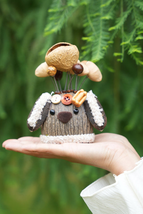 "The Cozy Puppy Guardian" - Nut Shell Dog Doll with Fuzzy Ears & Bone - Yunicrafts