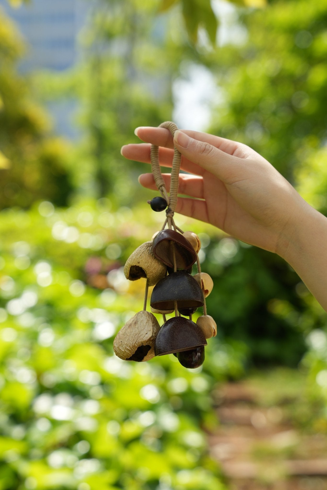 "The Deep Woods Rattle" - Dark Nut & Hollow Pod Cluster Charm with Rope Loop - Yunicrafts