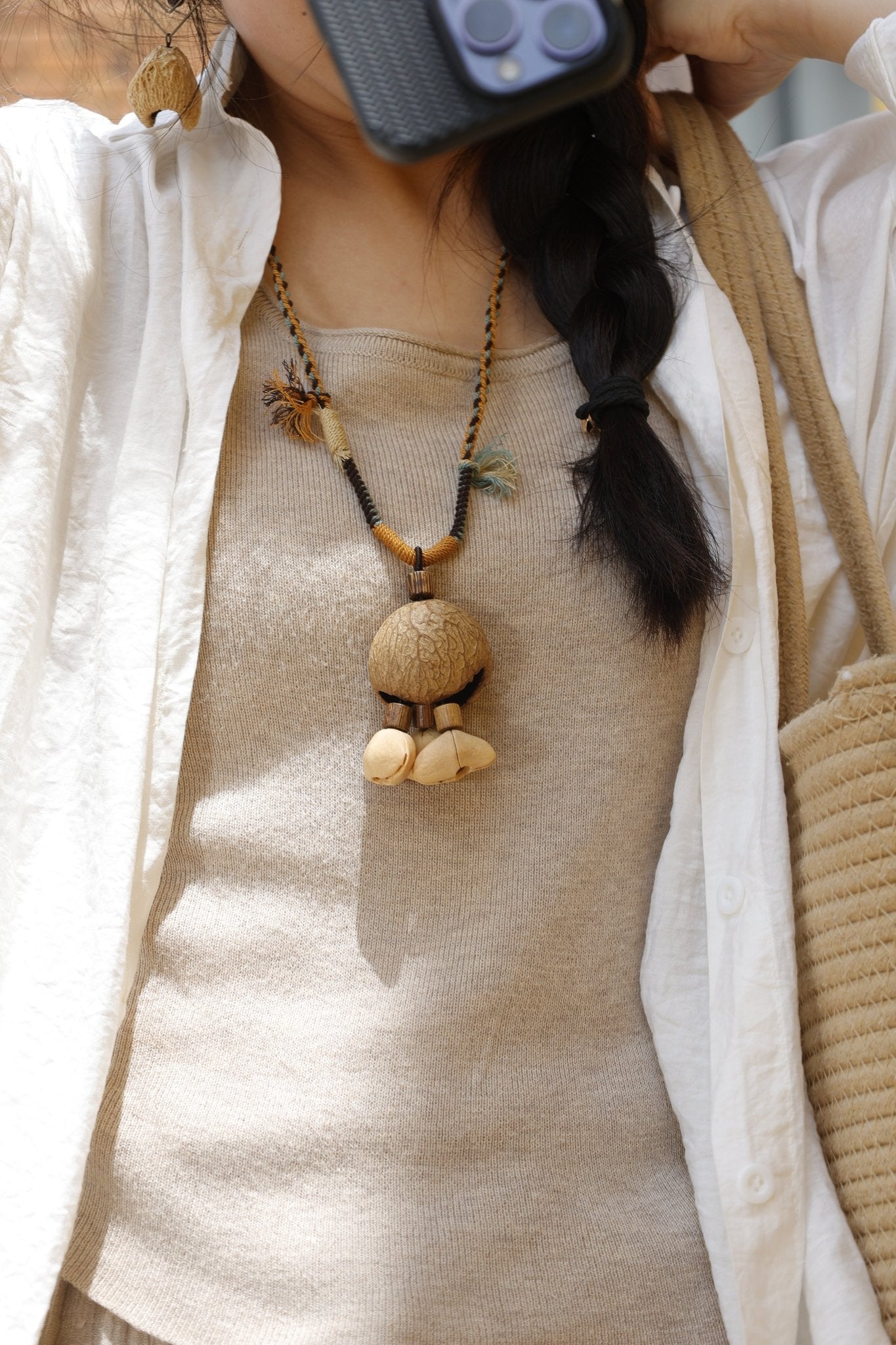 "The Earth Bell" - Large Natural Seed Pod Necklace on Hand - Braided Rope - Yunicrafts