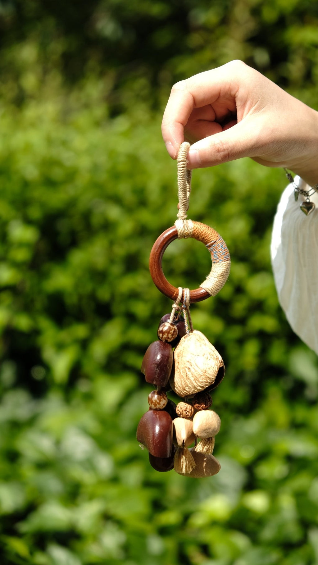 "The Earth Song" - Hand - Wrapped Wood Ring & Fibrous Pod Bag Charm - Yunicrafts