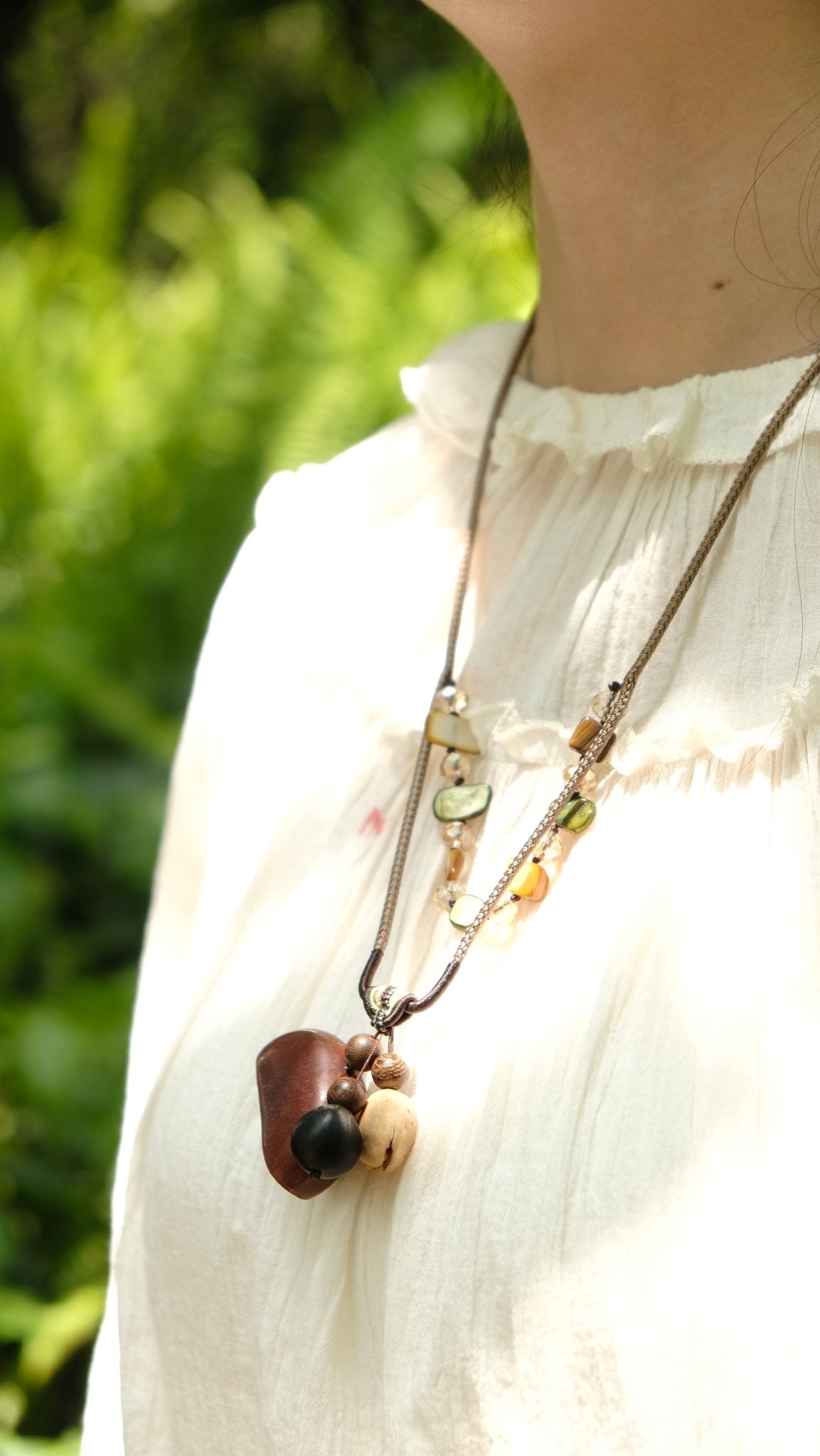 "The Earthy Gem" - Natural Seed Pendant Necklace with Beaded Stone Chain - Yunicrafts