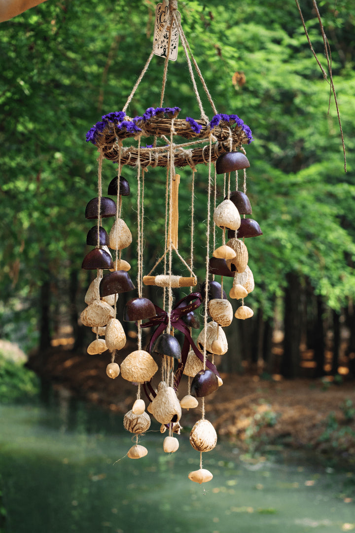 "The Floral Harvest Chime" - Vine Wreath Mobile with Dried Flowers & Seed Bells