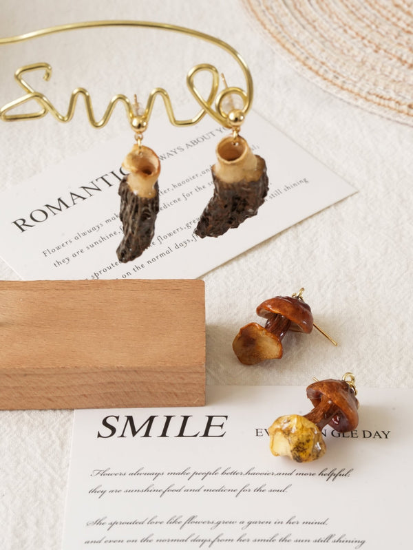 Real Morel & Golden Chanterelle Mushroom Earrings Set