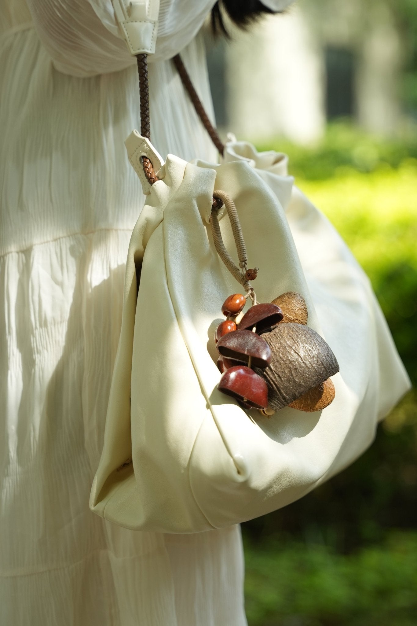 "The Forest Bell" - Mixed Natural Seed Cluster Charm with Beige Wrapped Handle - Yunicrafts