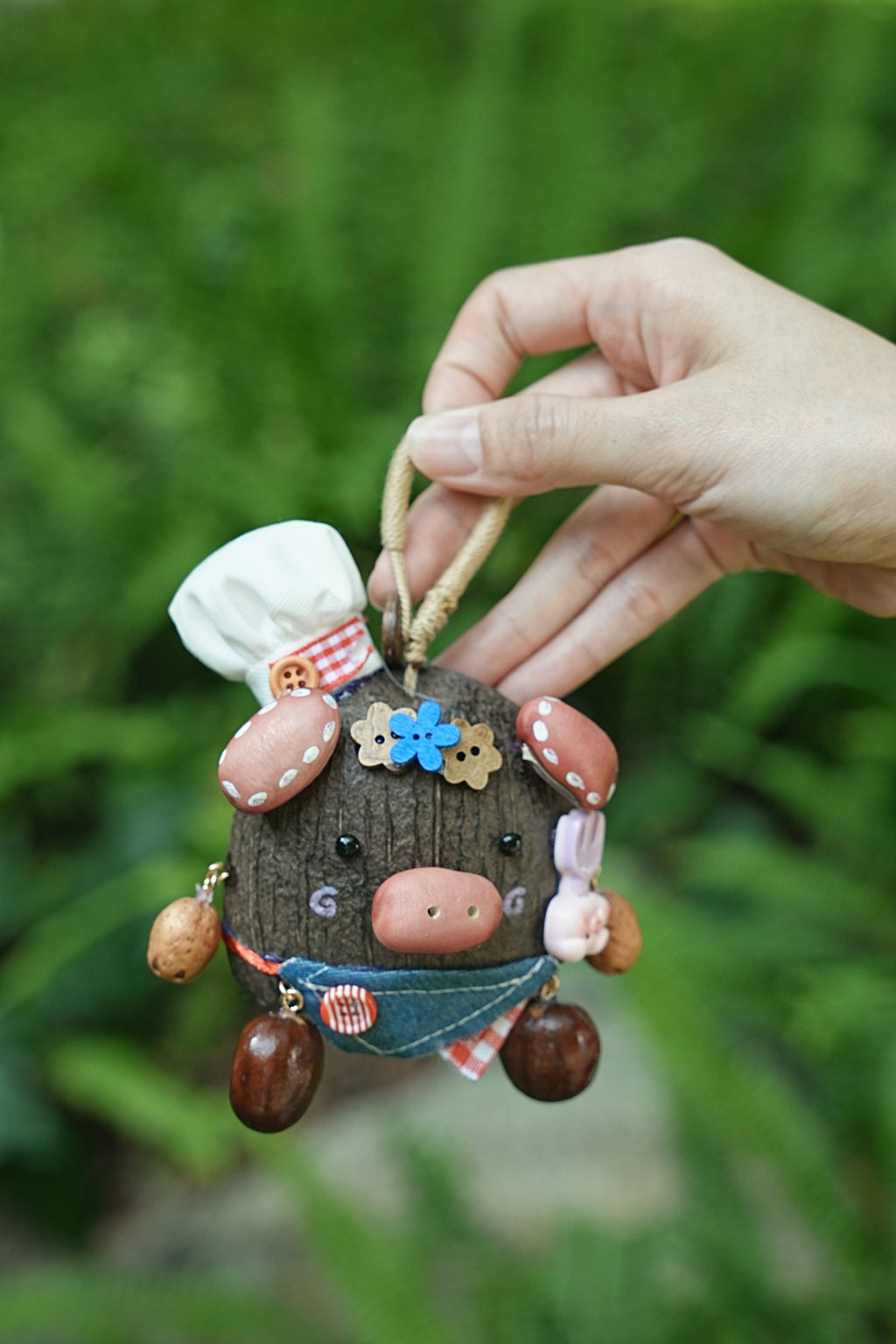 "The Forest Chef" - Handcrafted Nut Shell Piggy Doll with Chef Hat - Yunicrafts