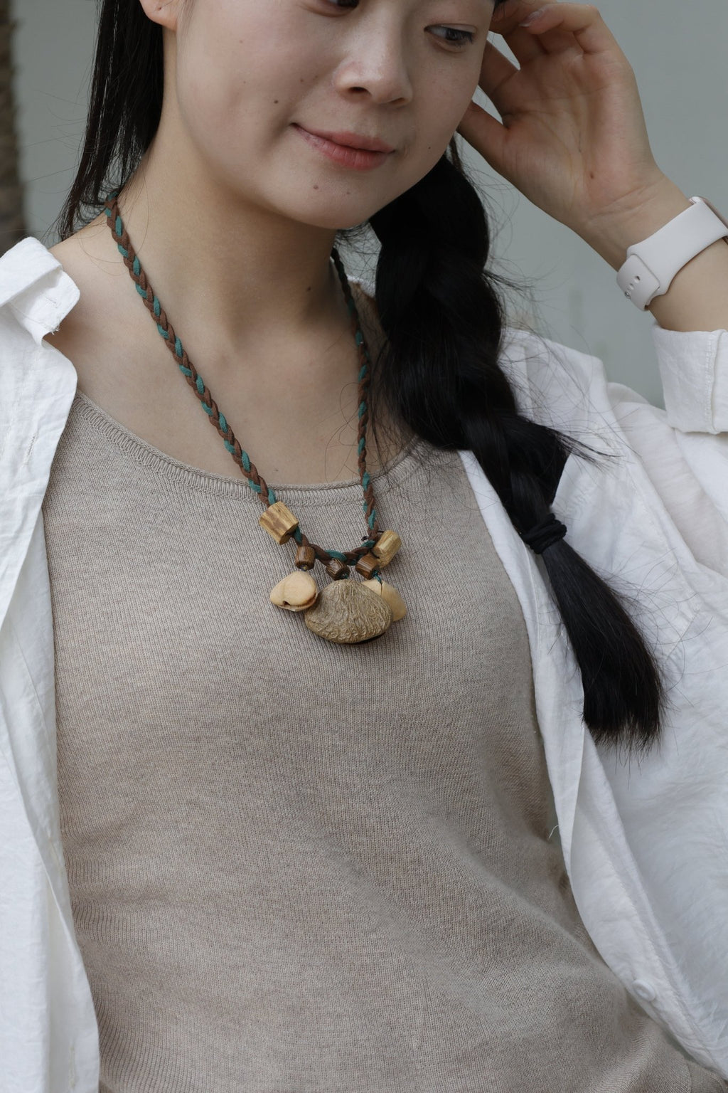 "The Forest Harmony" - Natural Seed Pod Necklace with Cylinder Wood Beads & Teal Braid - Yunicrafts