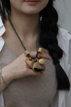 "The Forest Harmony" - Natural Seed Pod Necklace with Cylinder Wood Beads & Teal Braid - Yunicrafts