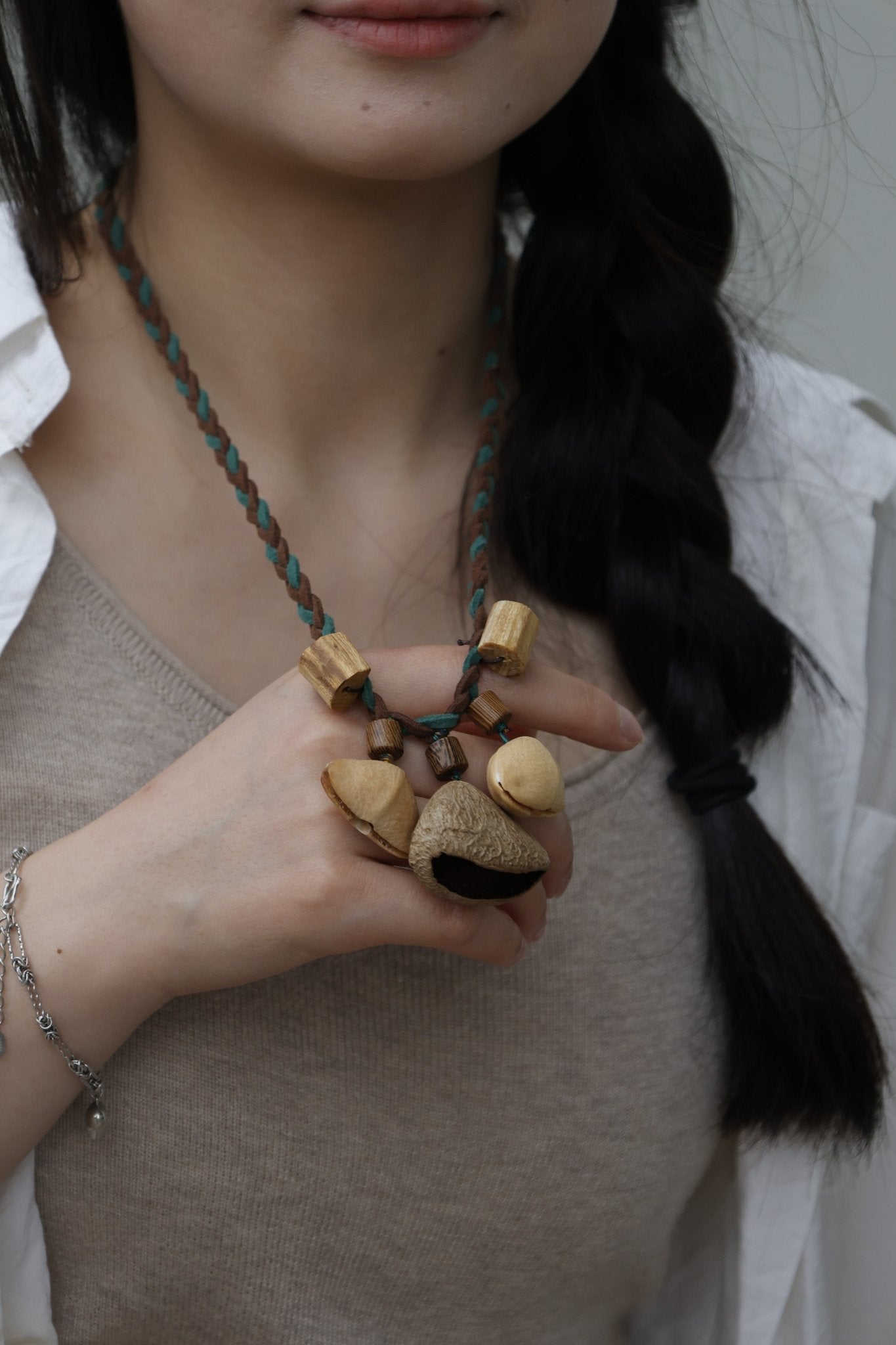 "The Forest Harmony" - Natural Seed Pod Necklace with Cylinder Wood Beads & Teal Braid - Yunicrafts