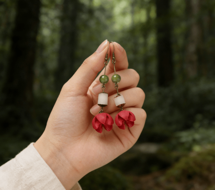 "The Forest Harmony" - Natural Seed & Red Bead Zen Drop Earrings - Yunicrafts