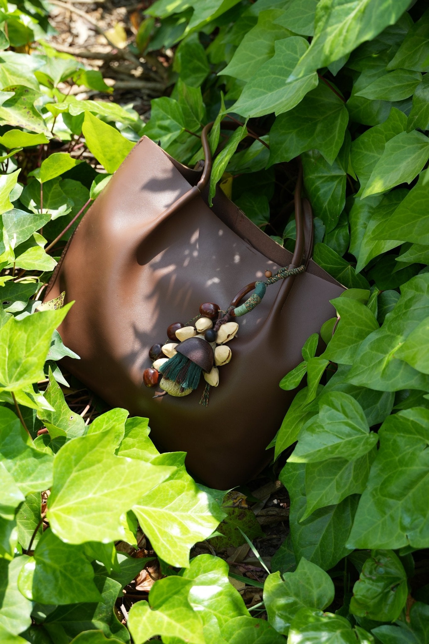 "The Forest Harvest" - Cascading Nut Shell & Green Tassel Bag Charm - Yunicrafts