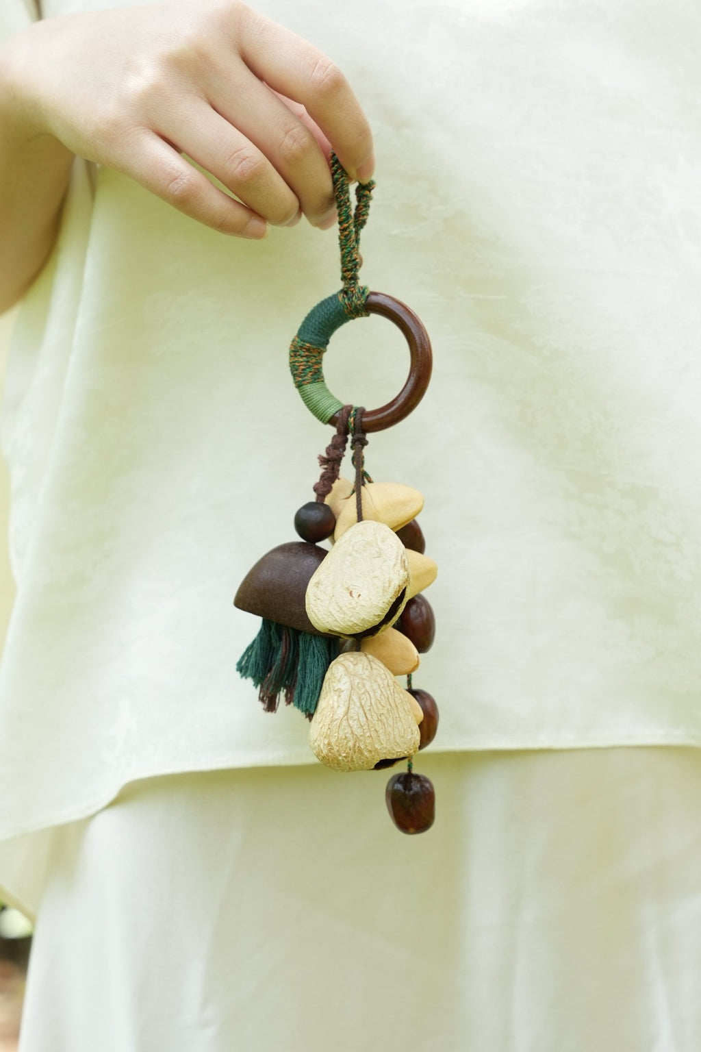 "The Forest Harvest" - Cascading Nut Shell & Green Tassel Bag Charm - Yunicrafts