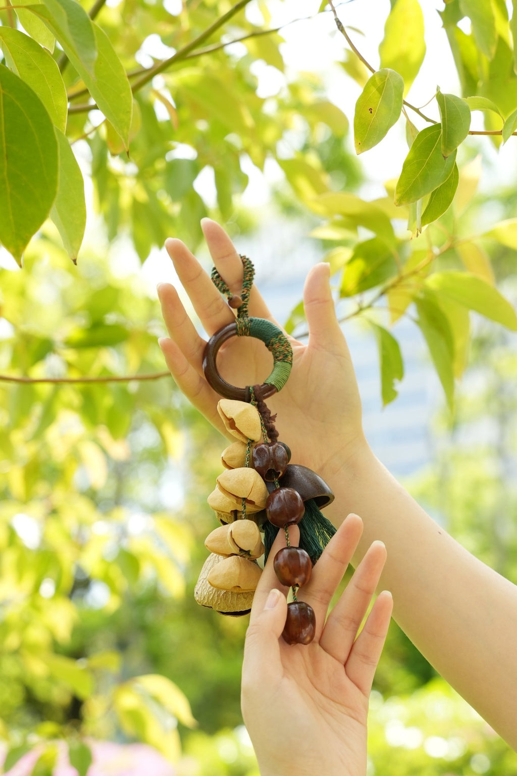 "The Forest Harvest" - Cascading Nut Shell & Green Tassel Bag Charm - Yunicrafts