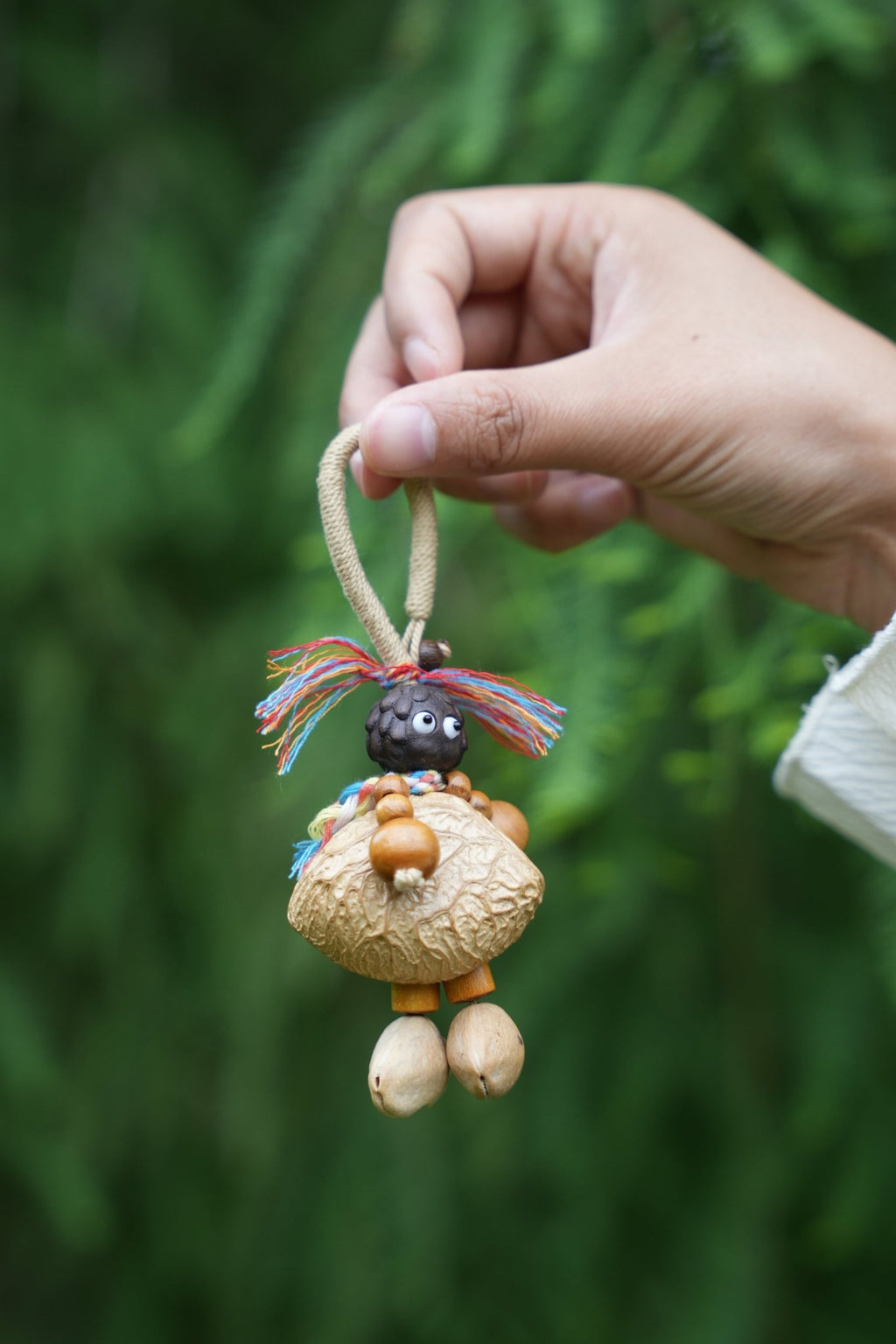 "The Forest Nut Doll" - Handcrafted Natural Seed Character Charm with Colorful Yarn Hair - Yunicrafts