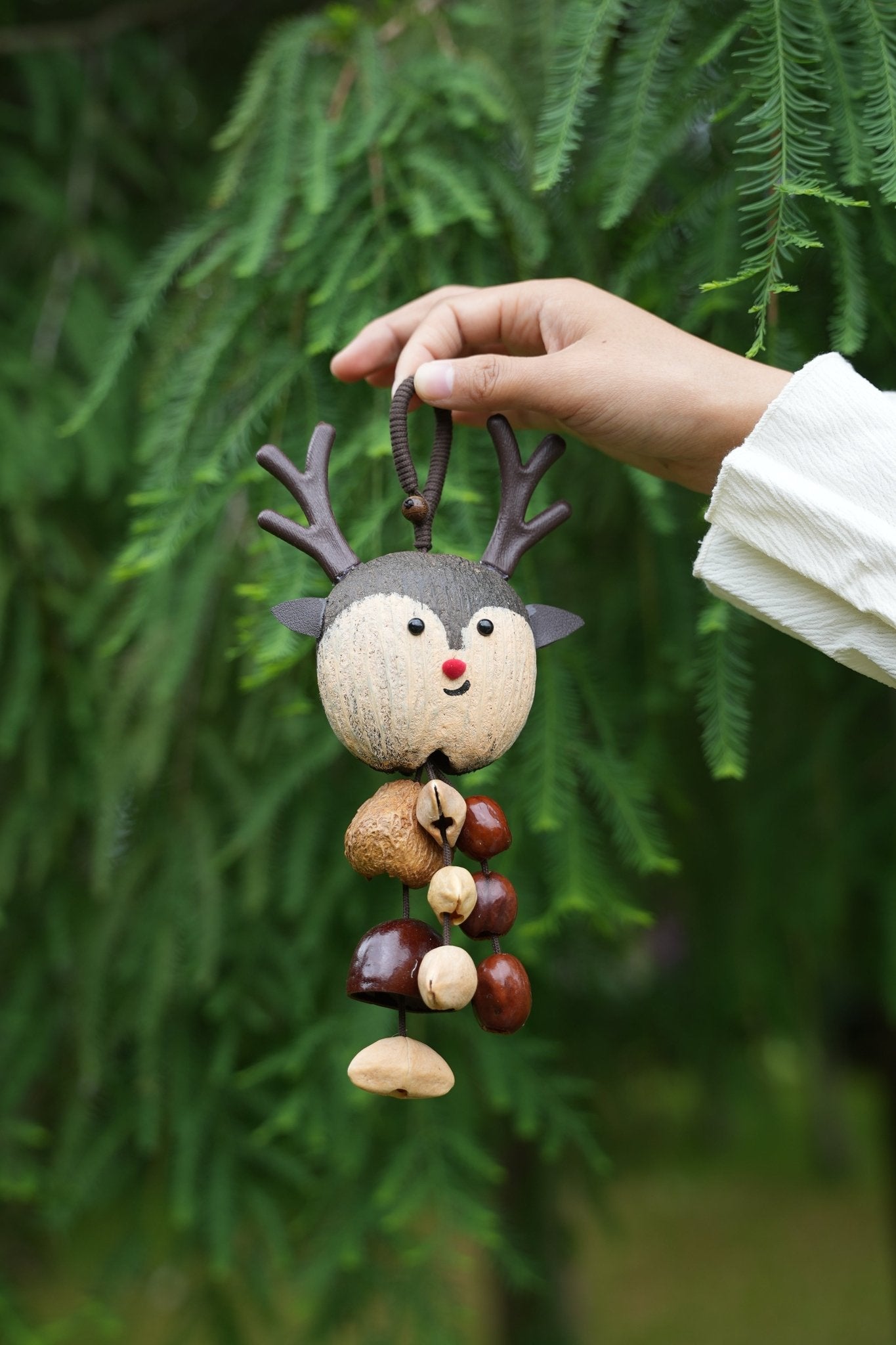"The Forest Reindeer" - Hand - Painted Shell Charm with Antlers & Seed Bells - Yunicrafts