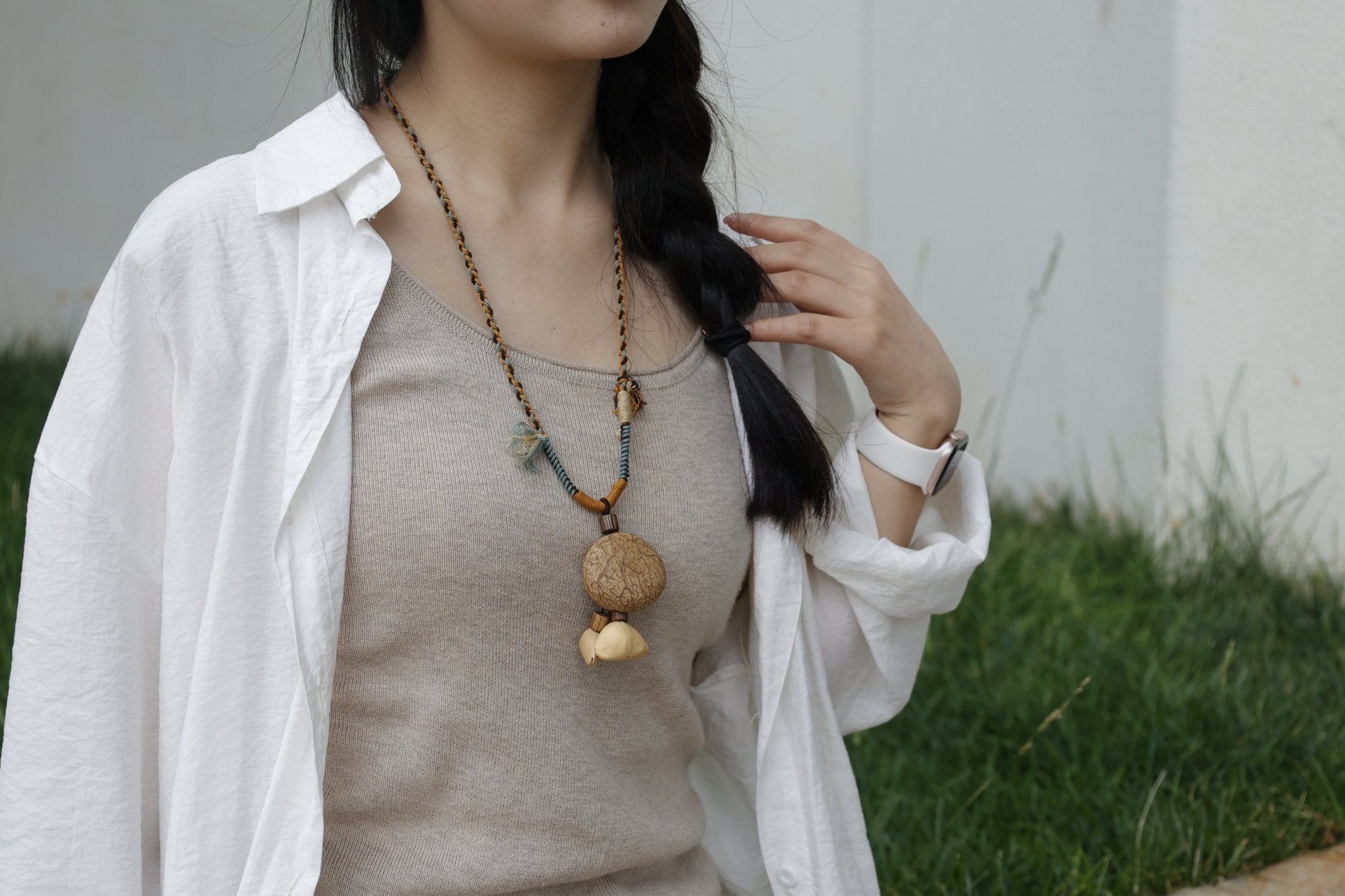 "The Forest Traveler" - Large Seed Pod Necklace with Mustard Wrapped Cord & Blue Tassel - Yunicrafts