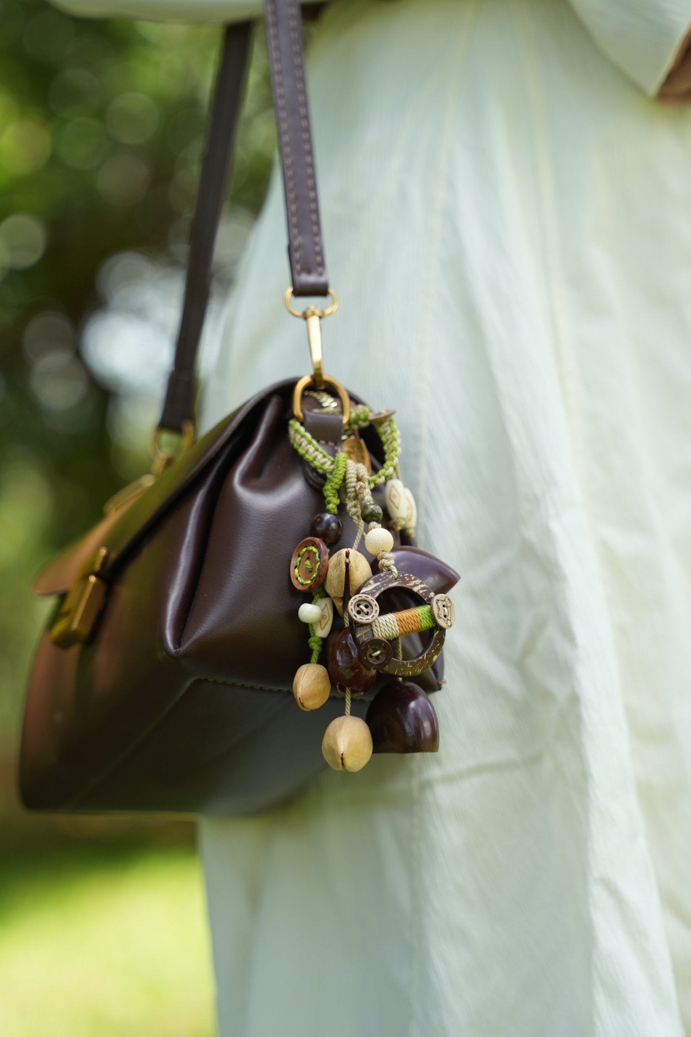 "The Forest Wanderer" - Hand - Woven Natural Seed & Coconut Shell Bag Charm - Yunicrafts