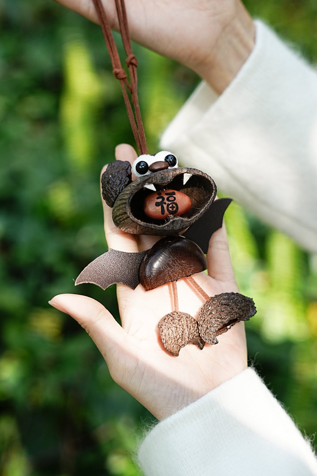 "The Fortune Bat" - Handcrafted Nut Shell Car Charm with 'Fu' (Good Luck) Seed - Yunicrafts