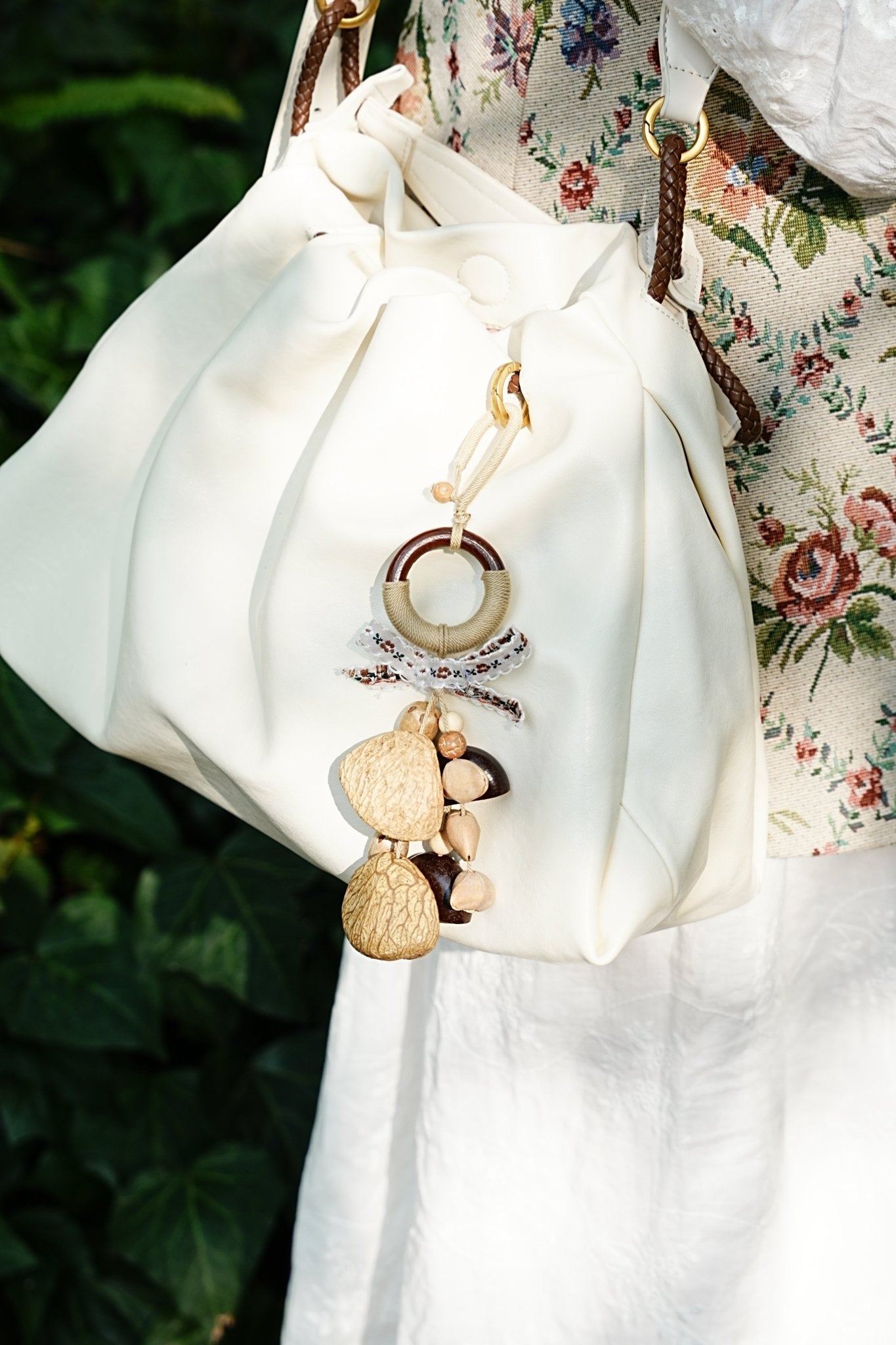 "The Garden Whisper" - Floral Ribbon & Wood Ring Natural Seed Charm - Yunicrafts