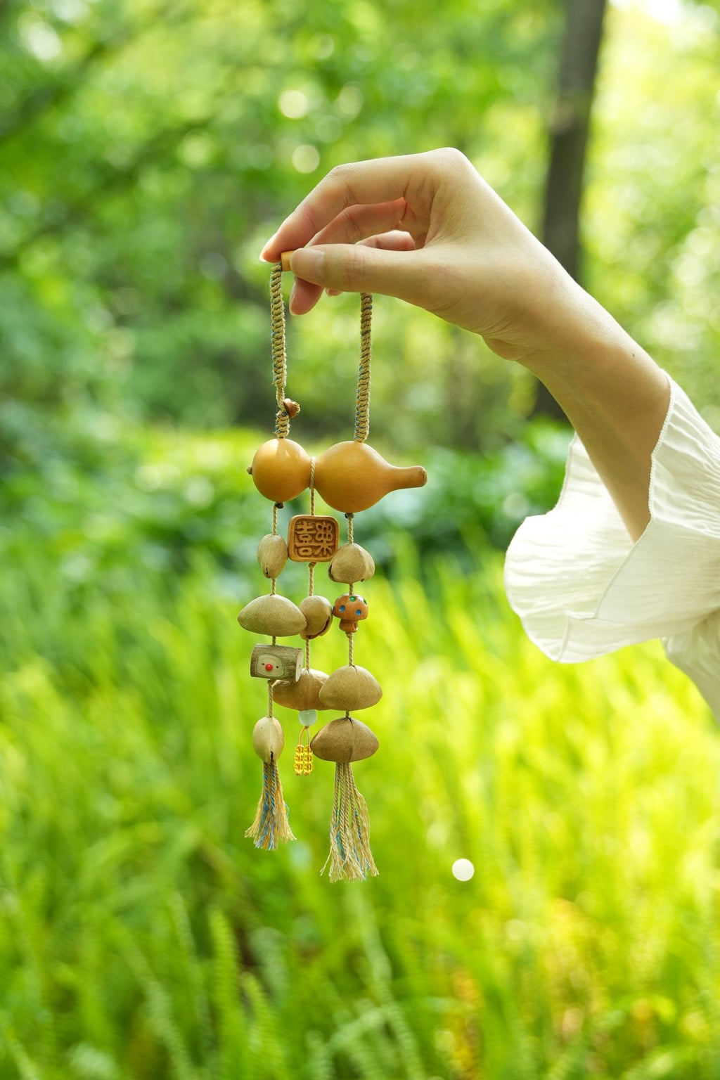 "The Gourd of Joy" - Double Gourd Car Charm with 'Happiness' Wood Tag - Yunicrafts
