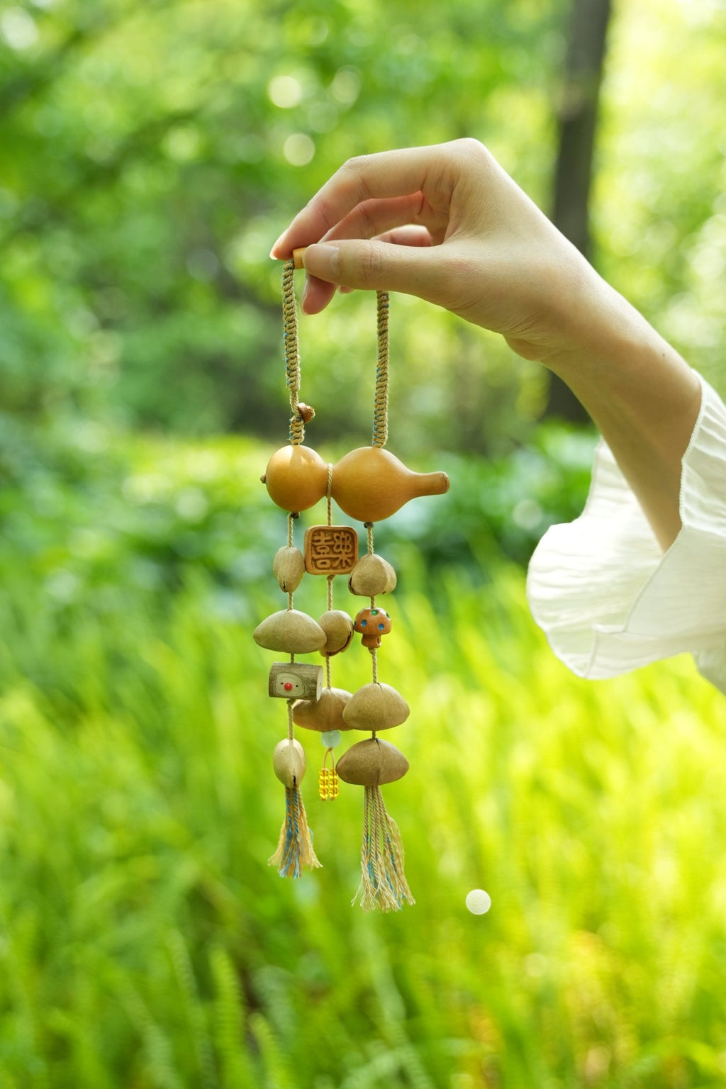 "The Gourd of Joy" - Double Gourd Car Charm with 'Happiness' Wood Tag - Yunicrafts