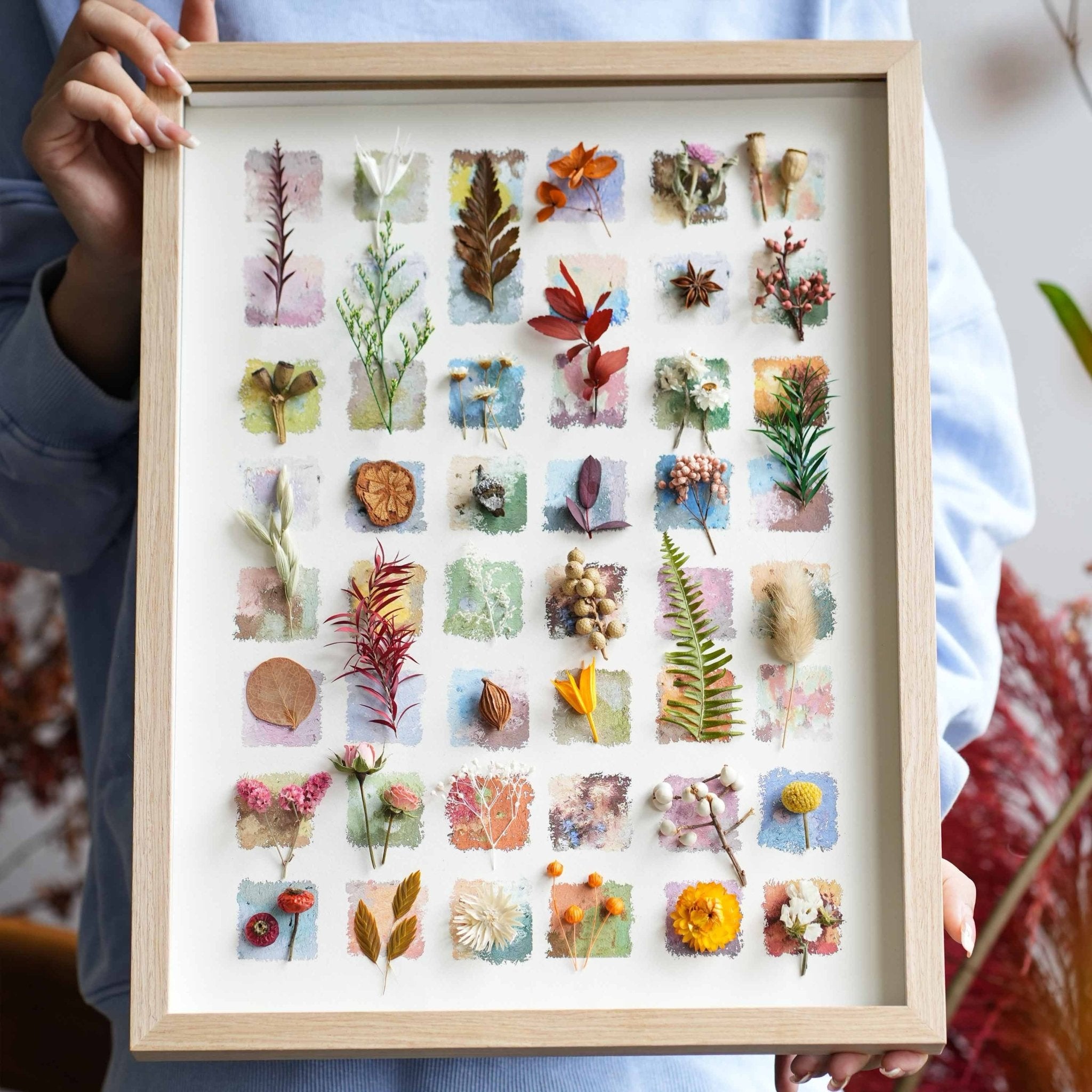 "The Grand Botanical Mosaic" - 48 - Grid Real Specimen Shadow Box Art (Extra Large) - Yunicrafts
