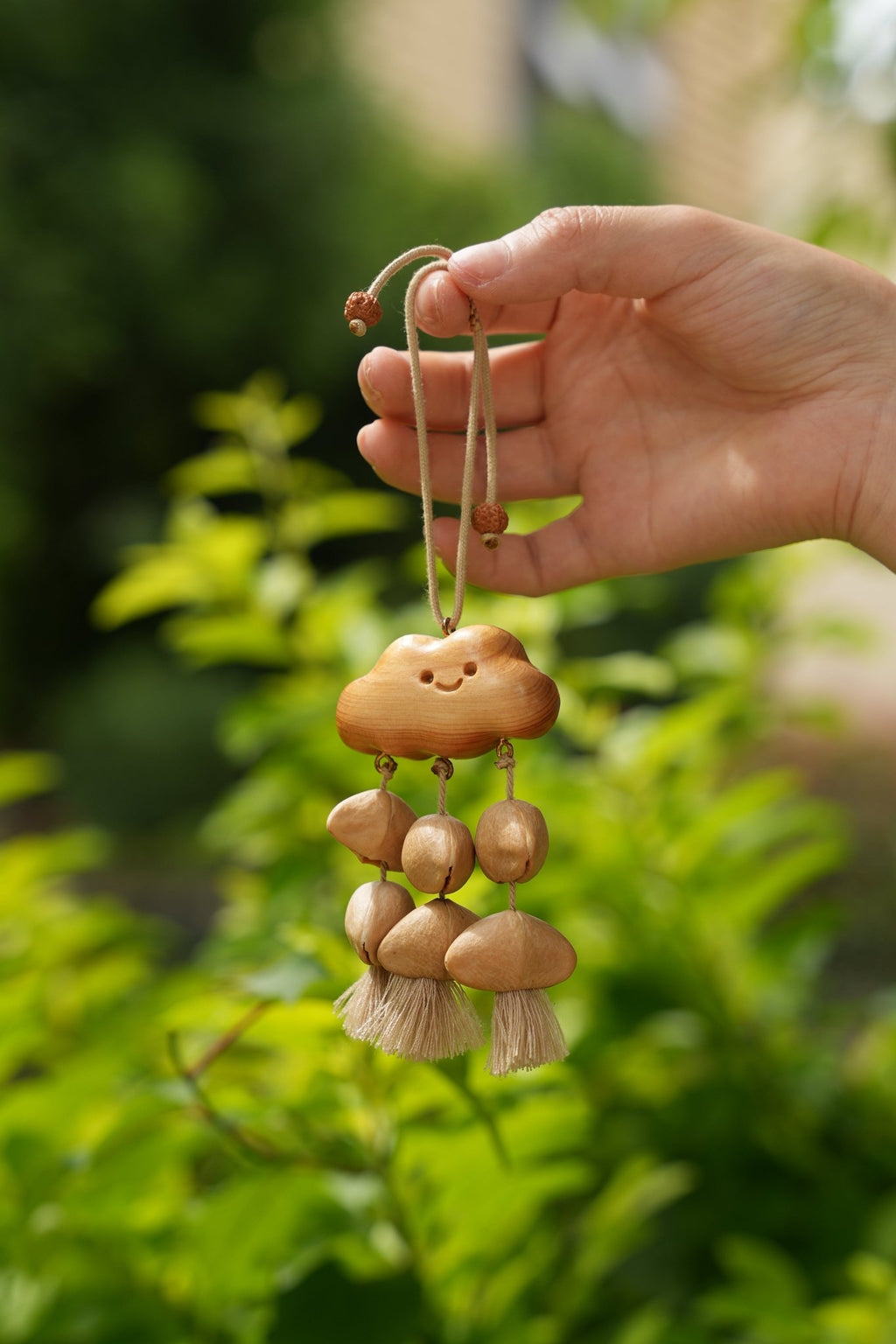 "The Happy Cloud" - Handcrafted Carved Wooden Smile & Natural Seed Rain Mobile - Yunicrafts