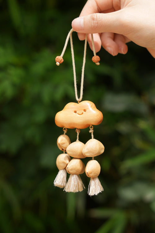 "The Happy Cloud" - Handcrafted Carved Wooden Smile & Natural Seed Rain Mobile - Yunicrafts