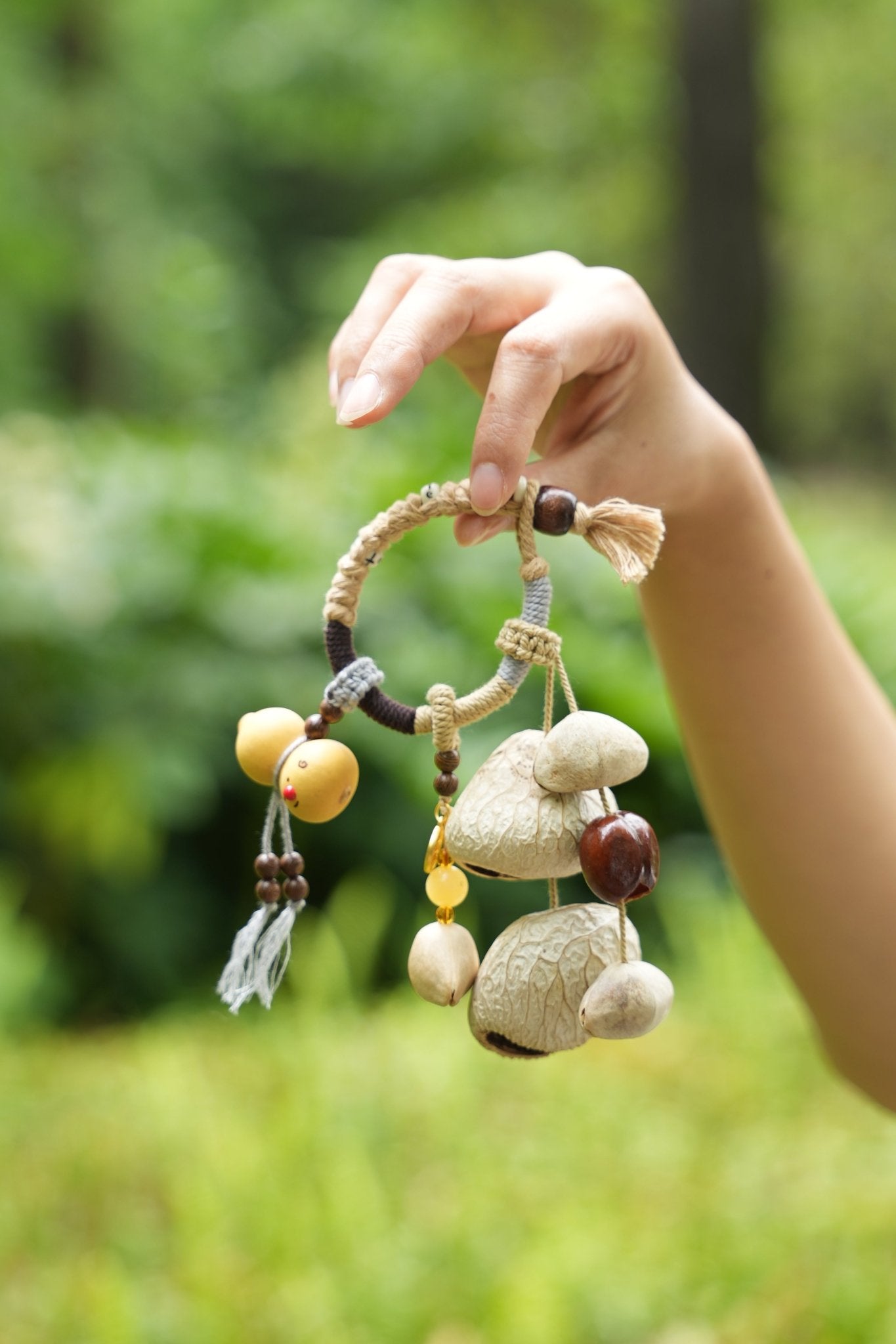 "The Harvest Circle" - Woven Ring Charm with Golden Gourds & Natural Pods - Yunicrafts