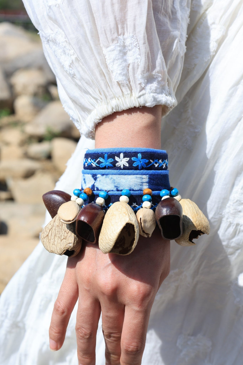 "The Indigo Beat" - Ethnic Embroidered Wrist Rattle with Natural Seed Bells - Yunicrafts