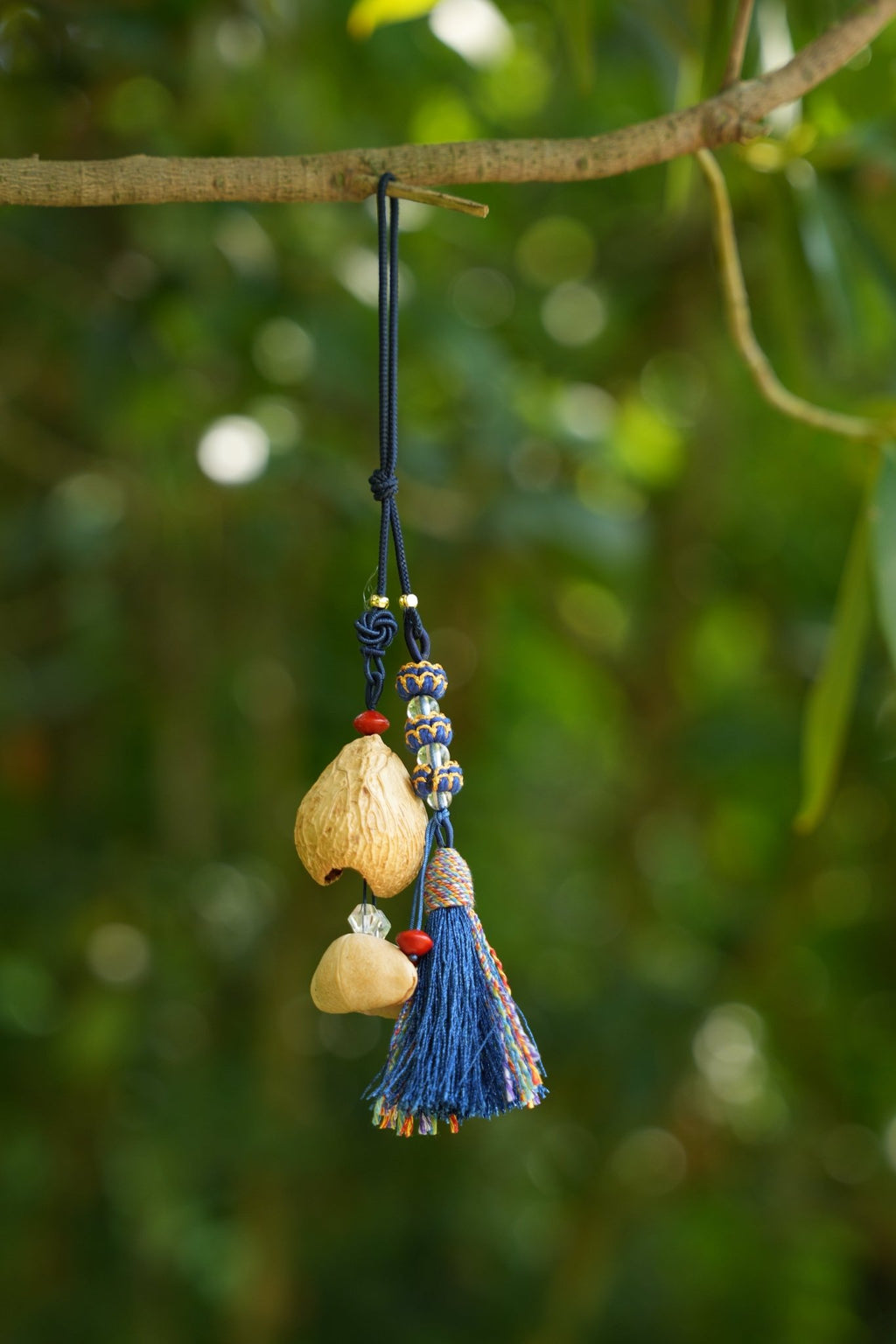 "The Indigo Guardian" - Royal Blue Tassel & Natural Nut Shell Car Charm - Yunicrafts