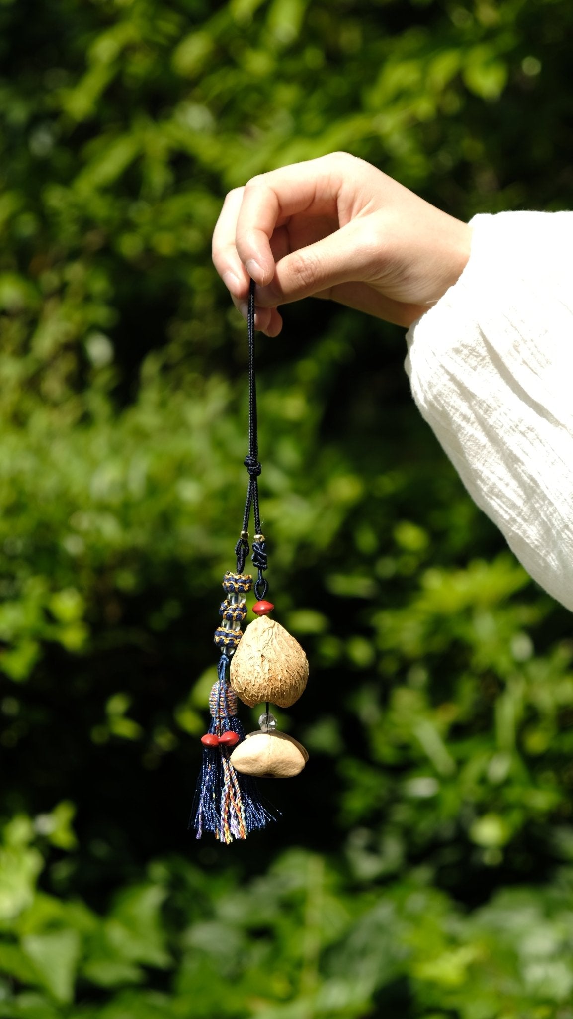 "The Indigo Guardian" - Royal Blue Tassel & Natural Nut Shell Car Charm - Yunicrafts