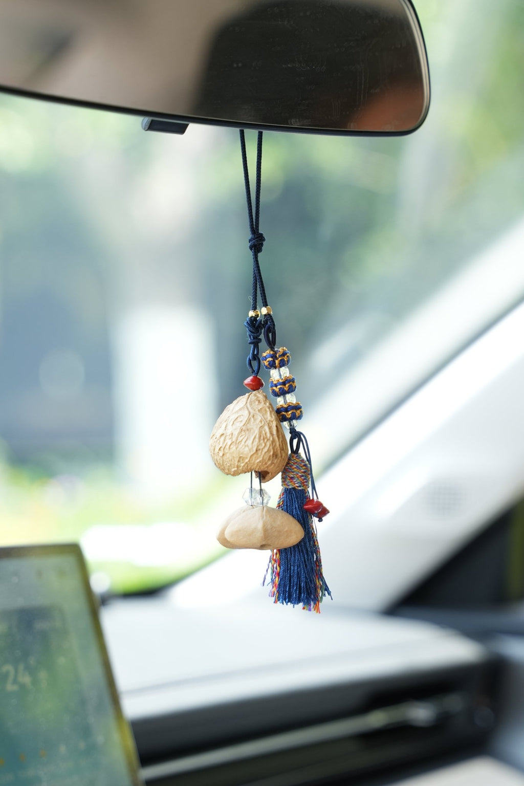 "The Indigo Guardian" - Royal Blue Tassel & Natural Nut Shell Car Charm - Yunicrafts