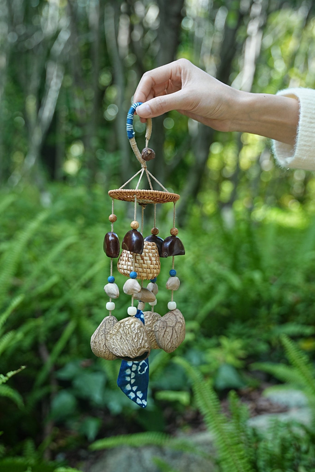 "The Indigo Harvest" - Rattan Basket & Shibori Fabric Seed Wind Chime - Yunicrafts
