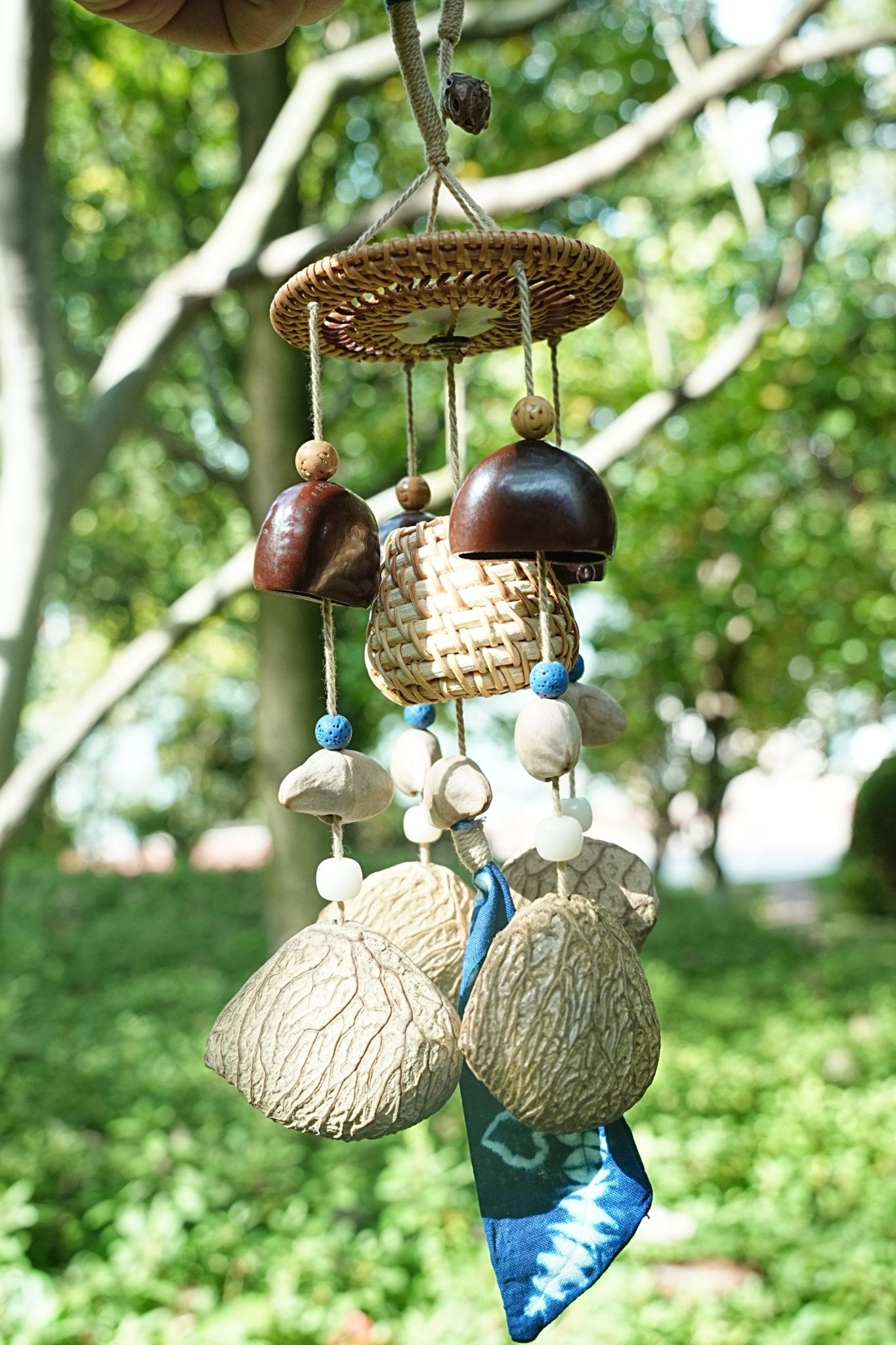 "The Indigo Harvest" - Rattan Basket & Shibori Fabric Seed Wind Chime - Yunicrafts