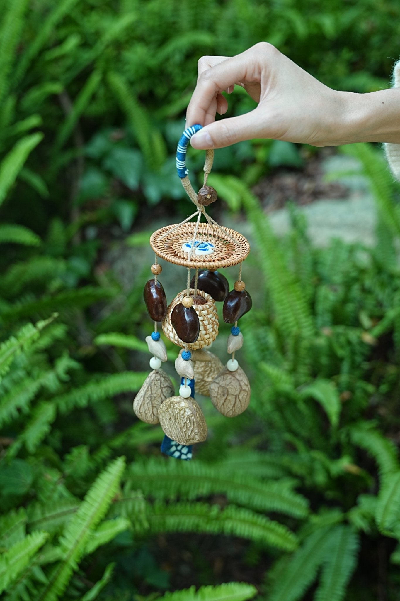"The Indigo Harvest" - Rattan Basket & Shibori Fabric Seed Wind Chime - Yunicrafts