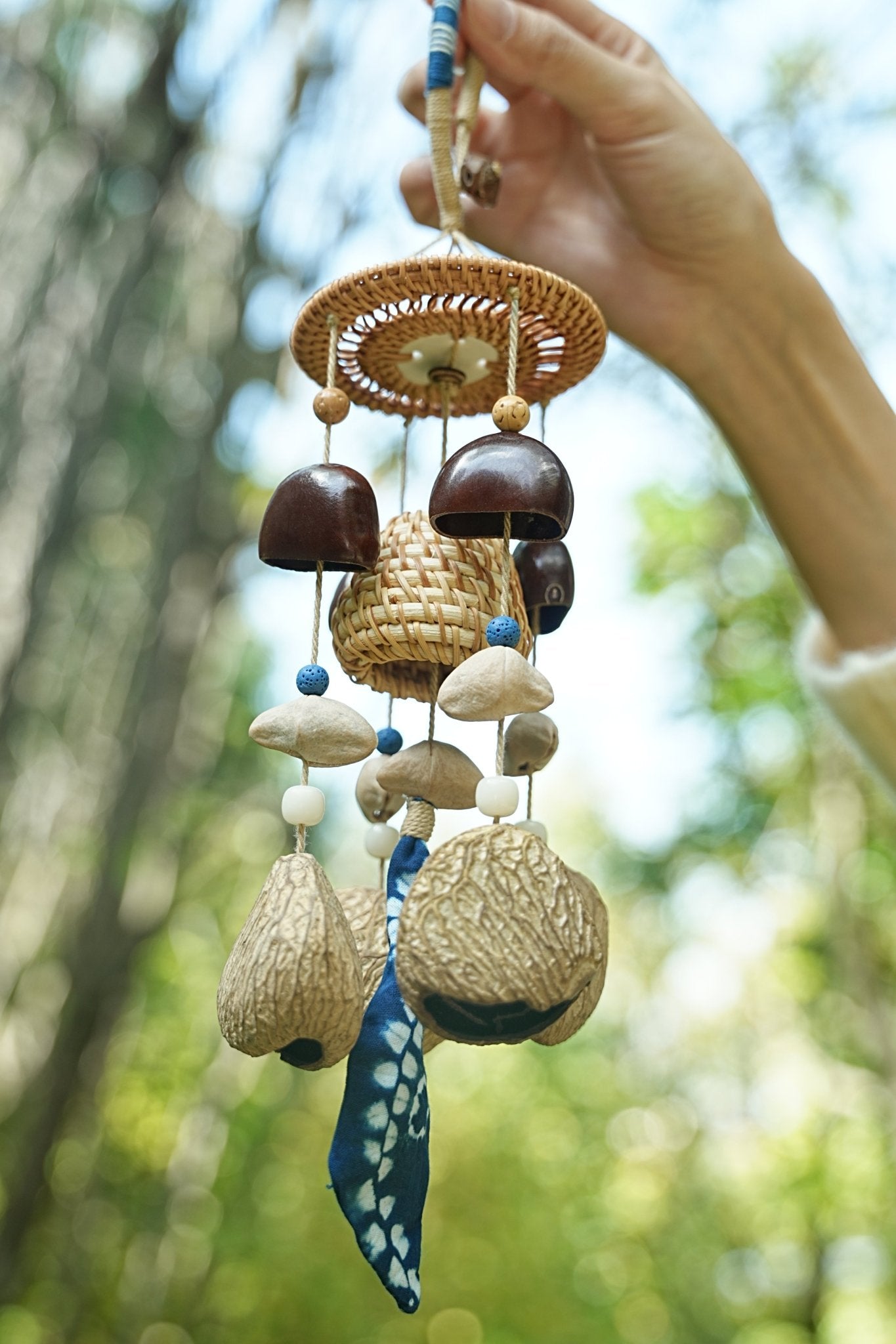 "The Indigo Harvest" - Rattan Basket & Shibori Fabric Seed Wind Chime - Yunicrafts