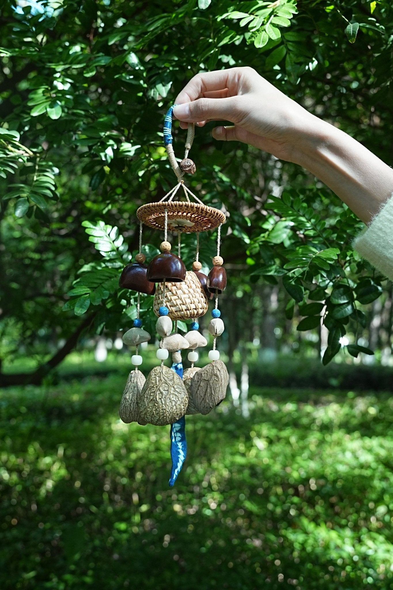 "The Indigo Harvest" - Rattan Basket & Shibori Fabric Seed Wind Chime - Yunicrafts