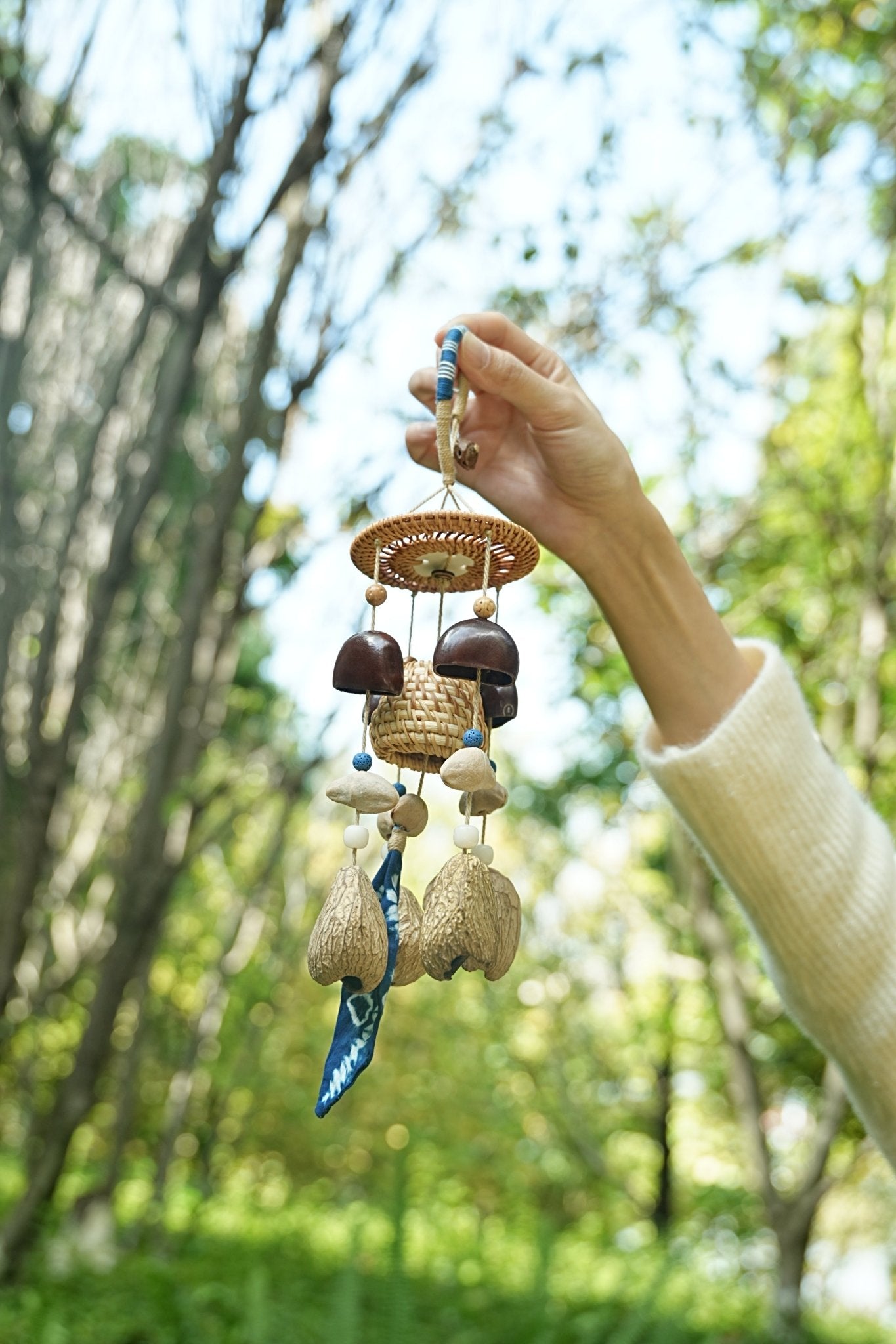 "The Indigo Harvest" - Rattan Basket & Shibori Fabric Seed Wind Chime - Yunicrafts