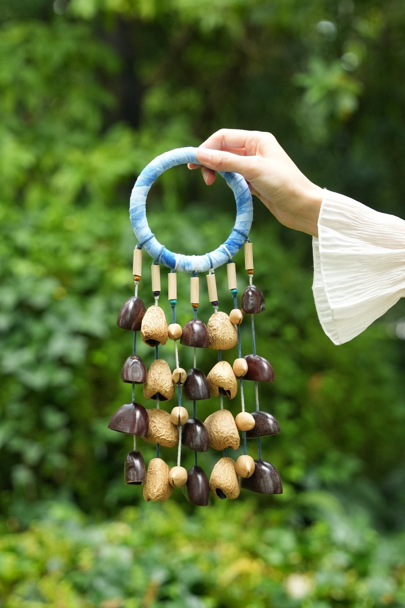 "The Indigo Rain" - Shibori Wrapped Ring & Cascading Shell Wind Chime - Yunicrafts